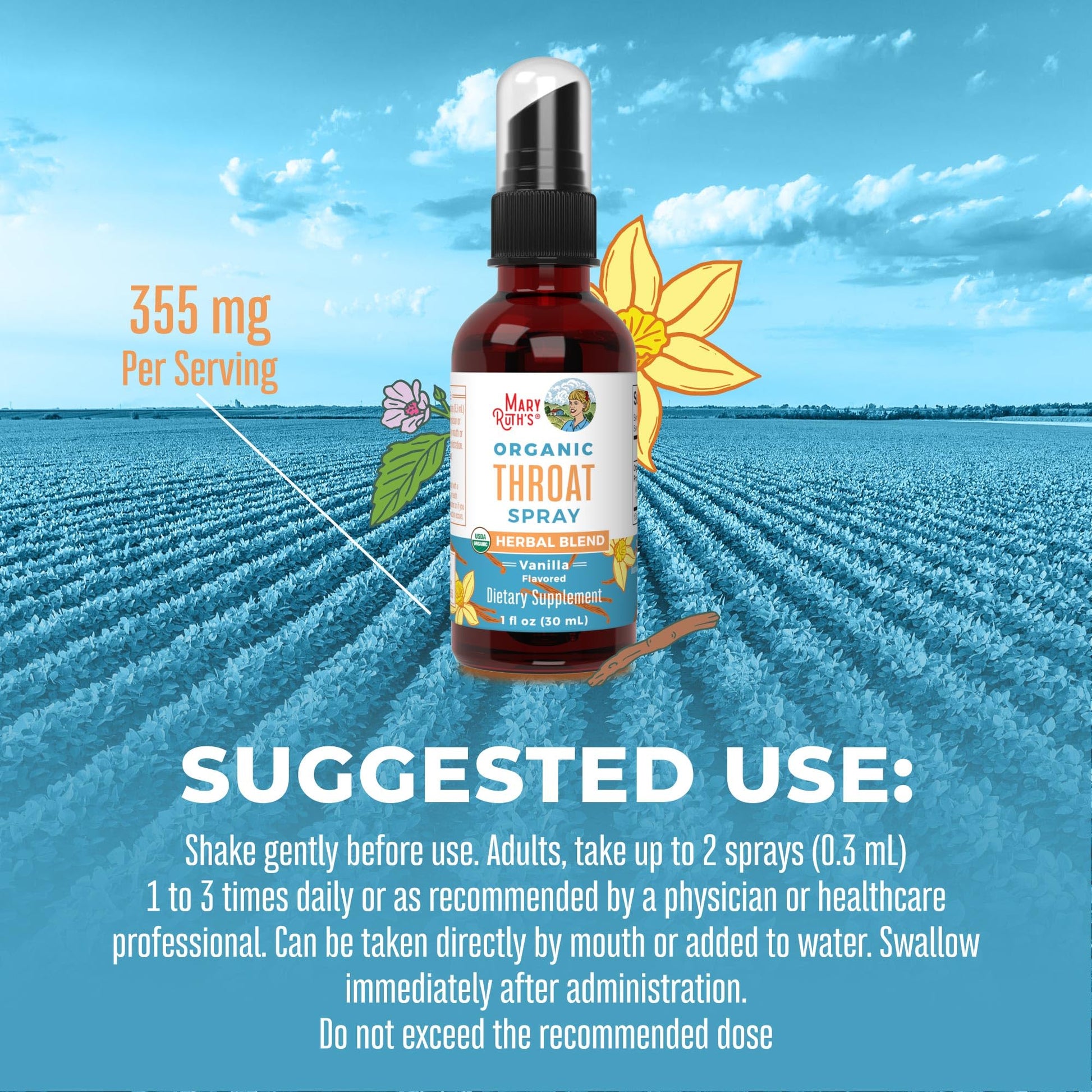 MaryRuth Organics USDA Organic Throat Spray with Mullein Leaf | Marshmallow Root & Licorice Root & Thyme Leaf | Vanilla | 4 Herbal Blend | Non-GMO | Vegan | Gluten Free | 1 Fl Oz | Up to 100 Servings MARYRUTH'S uk supplements