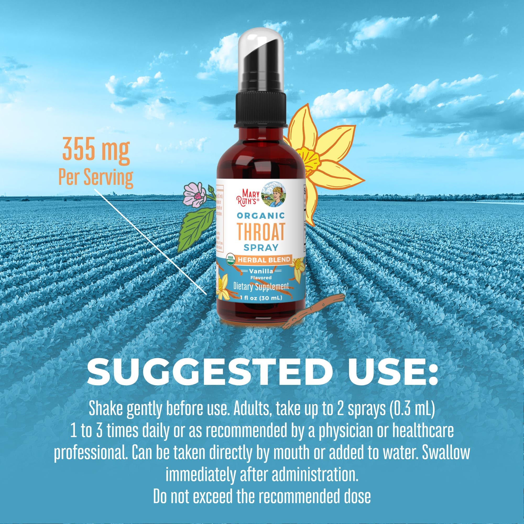 MaryRuth Organics USDA Organic Throat Spray with Mullein Leaf | Marshmallow Root & Licorice Root & Thyme Leaf | Vanilla | 4 Herbal Blend | Non-GMO | Vegan | Gluten Free | 1 Fl Oz | Up to 100 Servings MARYRUTH'S uk supplements