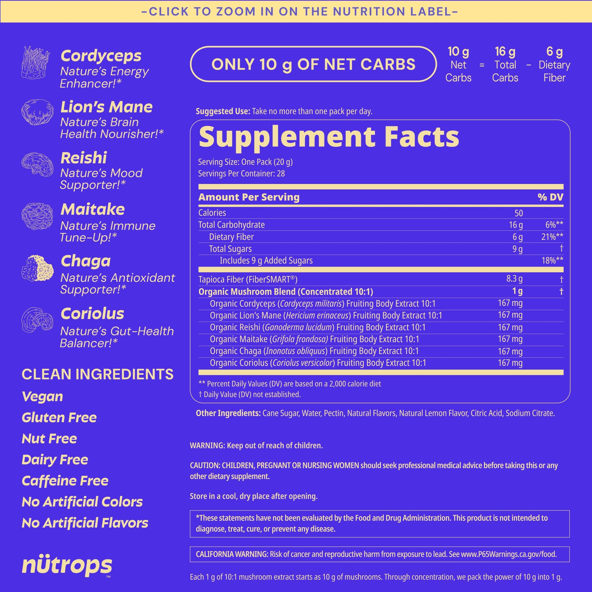 Nutrops Lions Mane Mushroom Gummies for adults, Functional Nootropics, Herbal Brain Supplement for Energy, Brain Health, Cognitive, Memory & Focus, Reishi, Chaga, Cordyceps, Coriolus, 28 daily Packs Grüns uk supplements