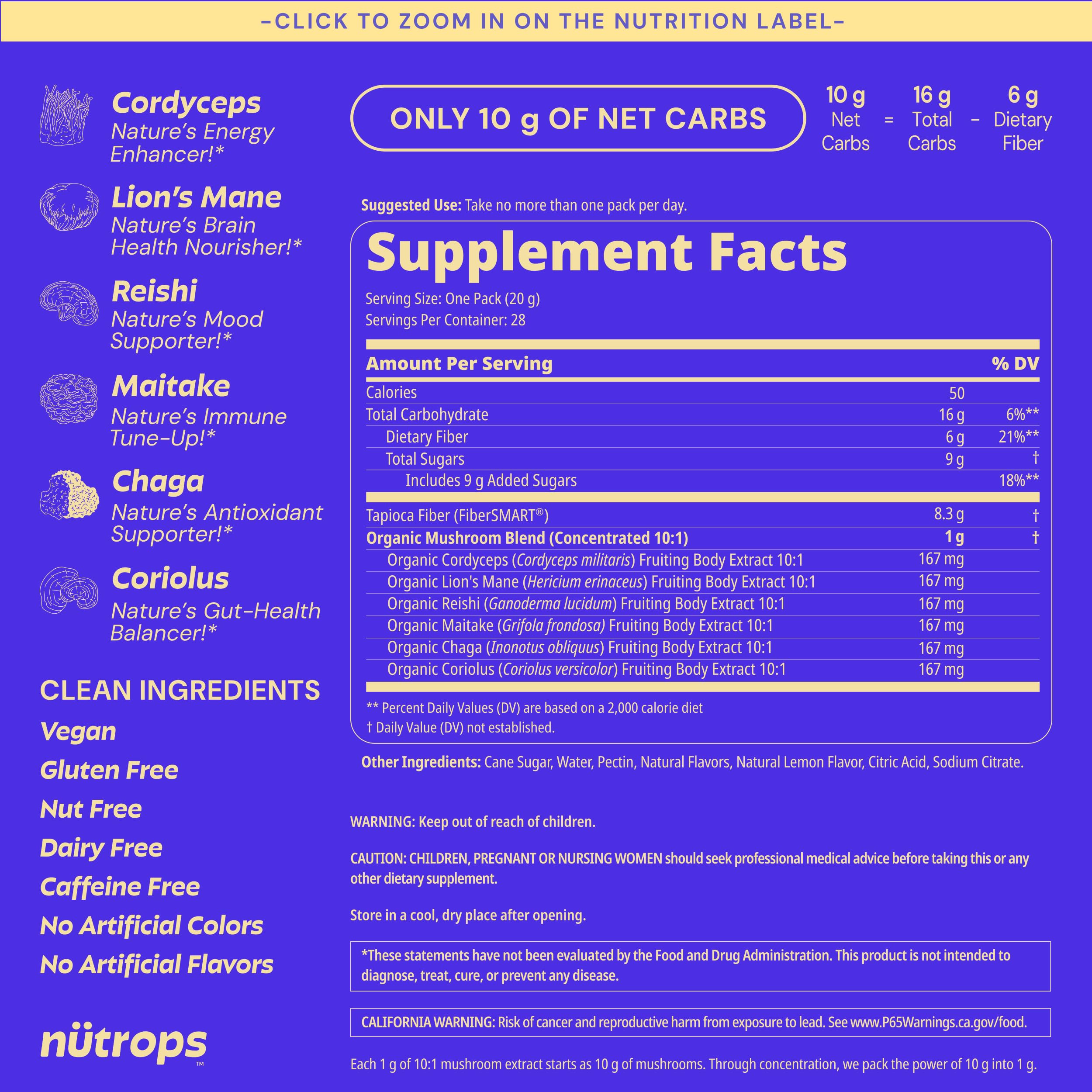 Nutrops Lions Mane Mushroom Gummies for adults, Functional Nootropics, Herbal Brain Supplement for Energy, Brain Health, Cognitive, Memory & Focus, Reishi, Chaga, Cordyceps, Coriolus, 28 daily Packs Grüns uk supplements