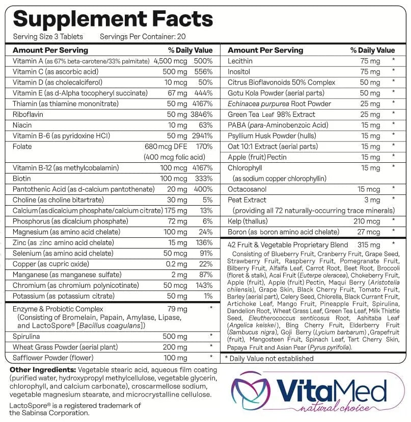 Vita Forte Vegan Multivitamin with Probiotics, Digestive Enzymes & 42 Fruits & Vegetables – Halal Certified VitaMed uk supplements