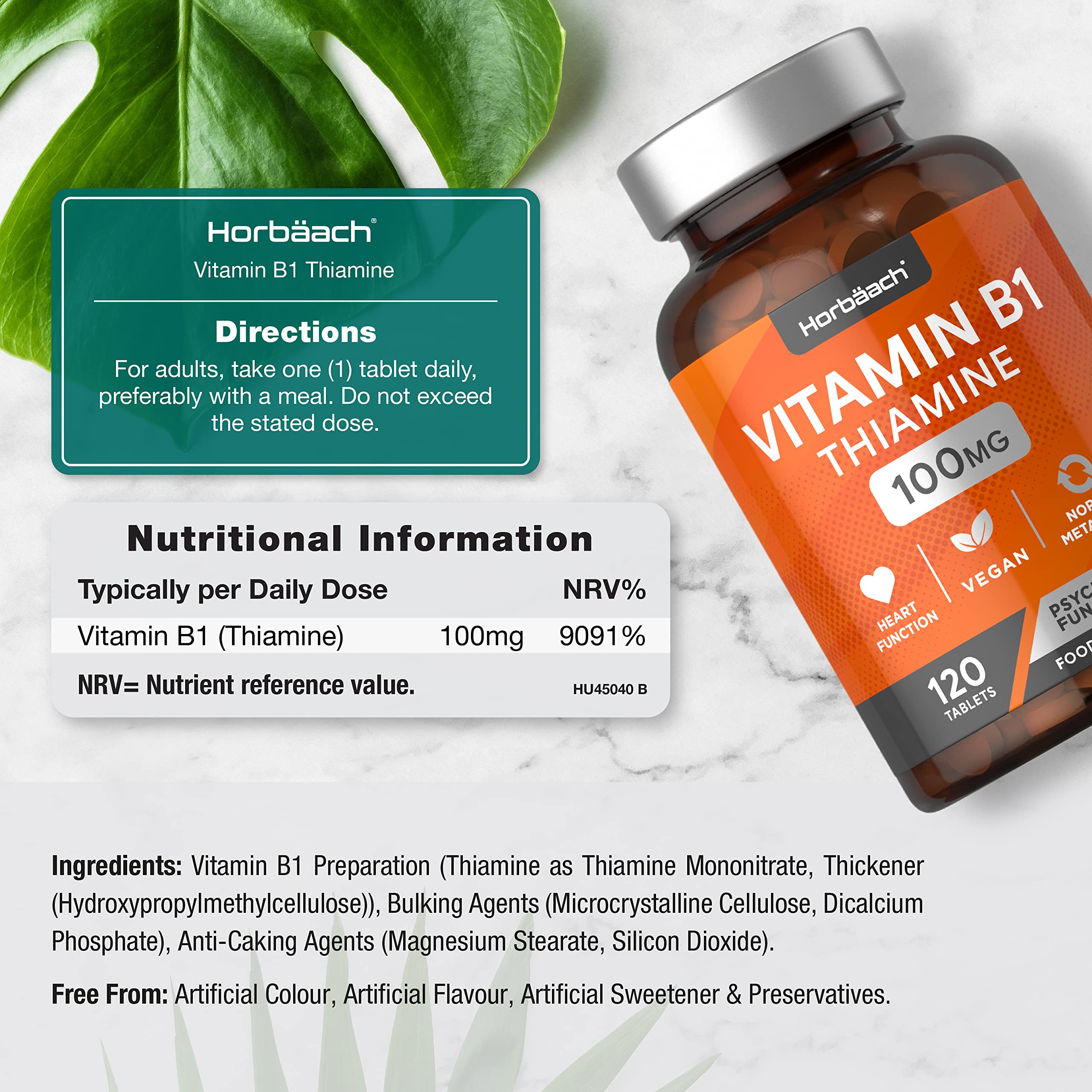 Vitamin B1 Thiamine High Strength 100mg | 120 Vegan Tablets | No Artificial Horbäach uk supplements