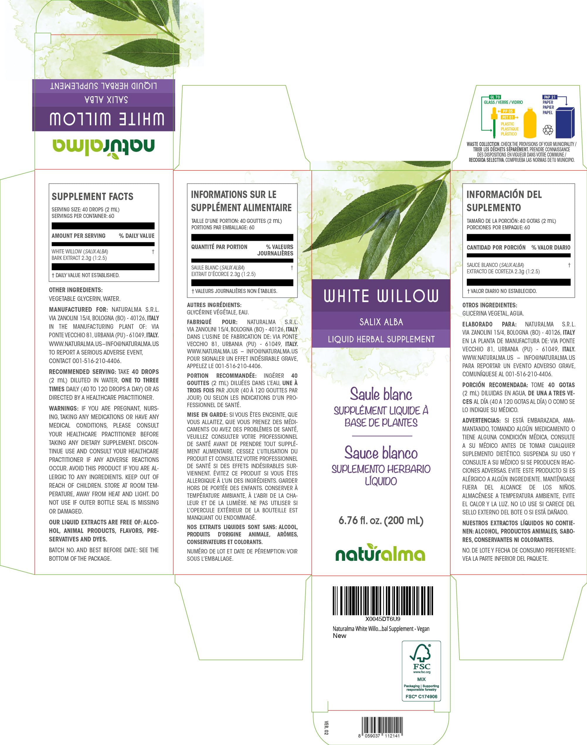 Naturalma White Willow (Salix alba) bark Alcohol-Free Tincture - 6.76 fl oz Liquid Extract in Drops - Herbal Supplement - Vegan Naturalma uk supplements