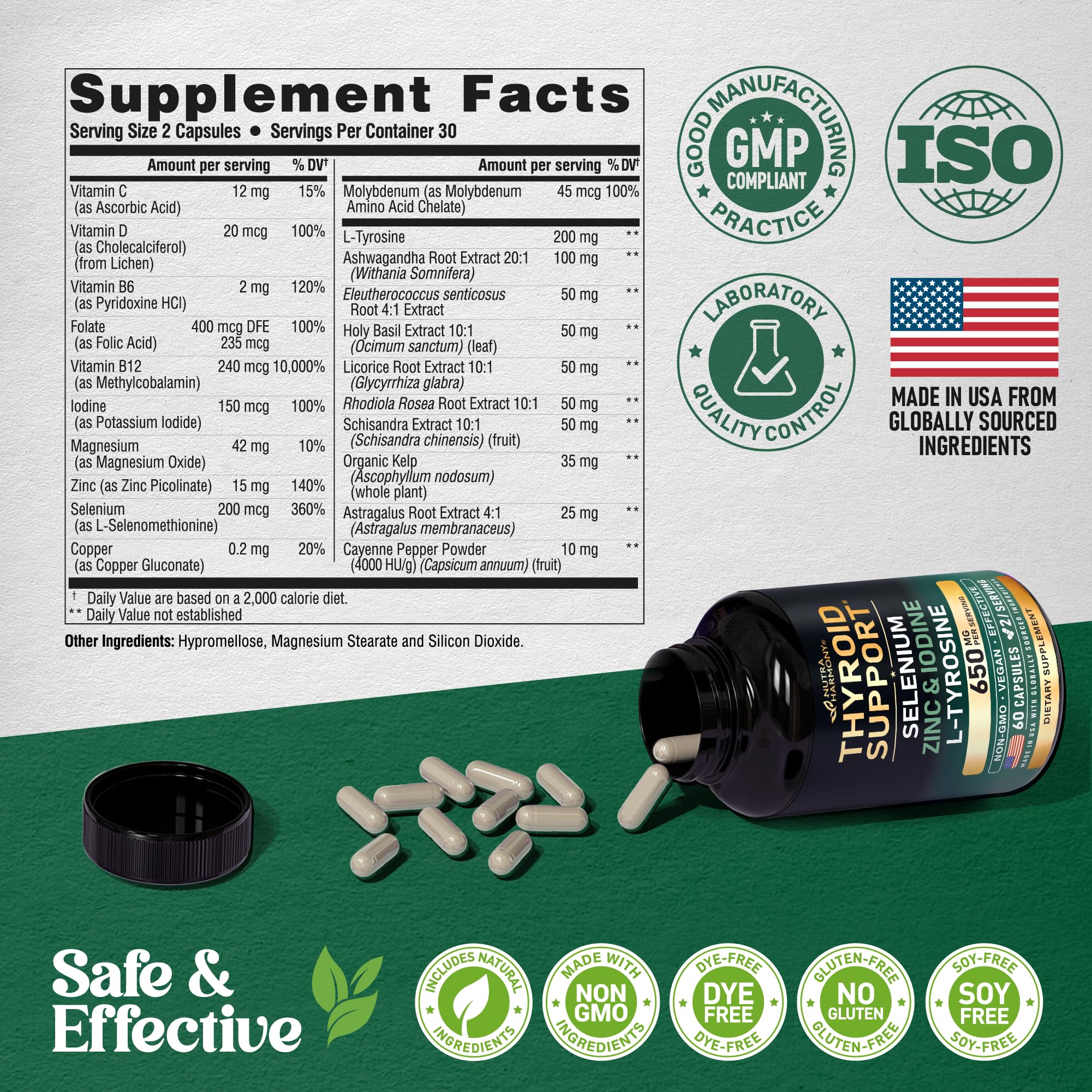 Thyroid Support for Women - Selenium 200 mcg | Astragalus | Zinc & Iodine | L-Tyrosine | Adaptogen Herbs - 21-in-1 Antioxidant & Immune Support - Made in USA - Vegan, Non-GMO, Lab Tested - 60 Capsules NUTRAHARMONY uk supplements