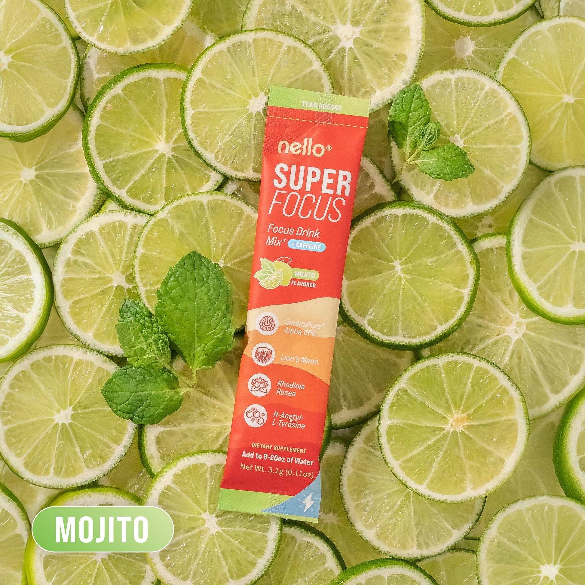 Nello Superfocus Mojito with Caffeine Nootropic Focus Drink Mix, 20 On-The-Go Packets, Alpha GPC, Lions Mane, Rhodiola, Sugar-Free Nello uk supplements