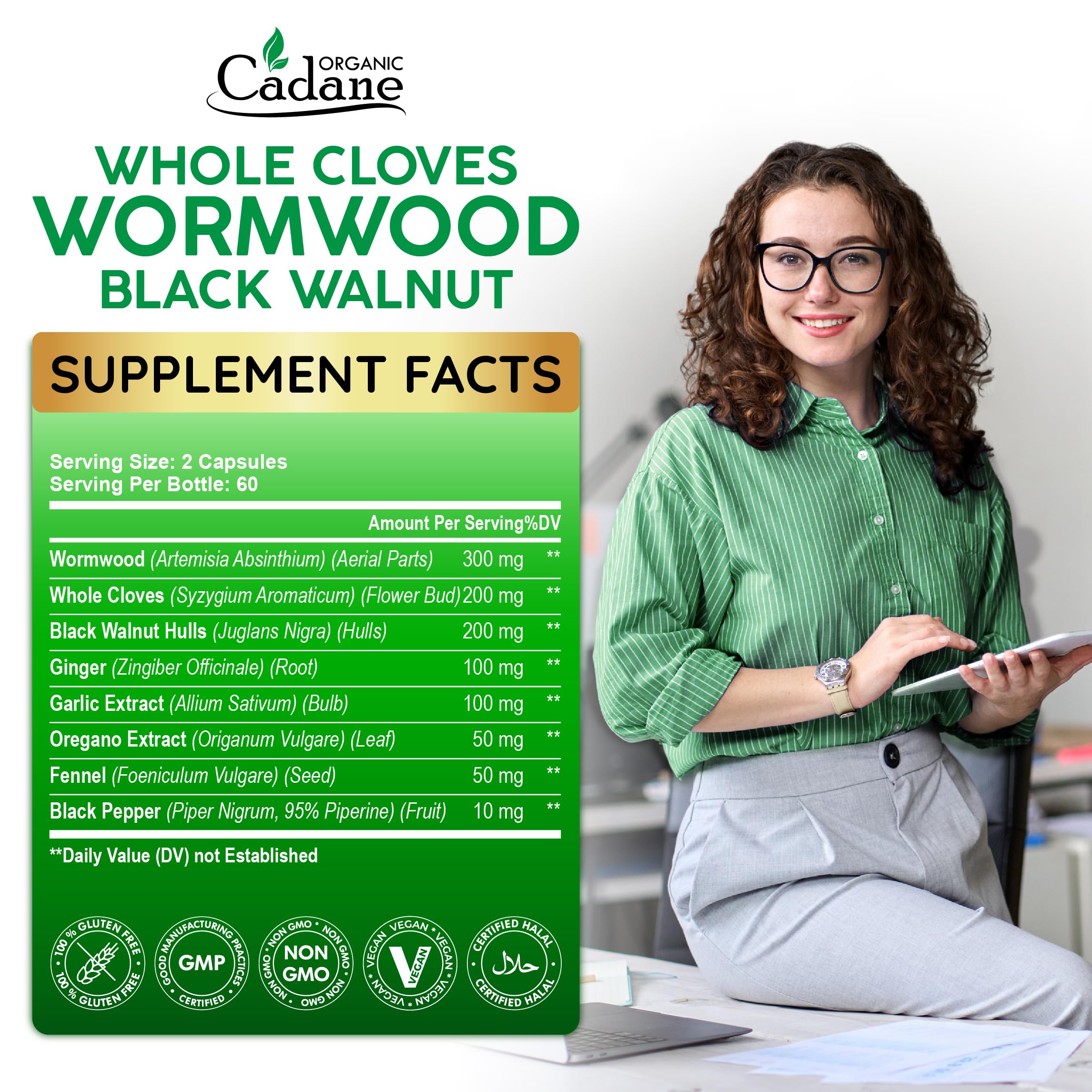 Cadane Wormwood Whole Cloves Black Walnut with Ginger, Garlic, Oregano, Fennel & Black Pepper | Digestive & Wellness Support | 120 Capsules – 60-Day Organic Cadane uk supplements