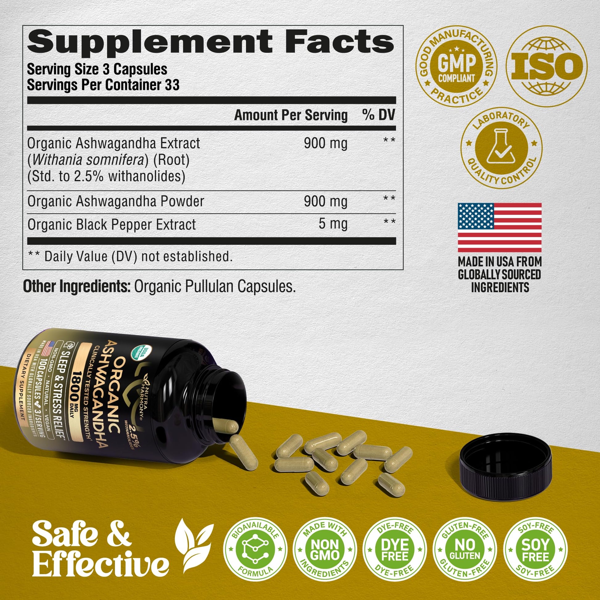 Ashwagandha Supplements 1800mg - USDA Organic Ashwagandha for Women & Men - Clinically Effective Strength for Stress Relief & Sleep - Powder & Root Extract 2.5% Withanolides - Made in USA 100 Capsules NUTRAHARMONY uk supplements