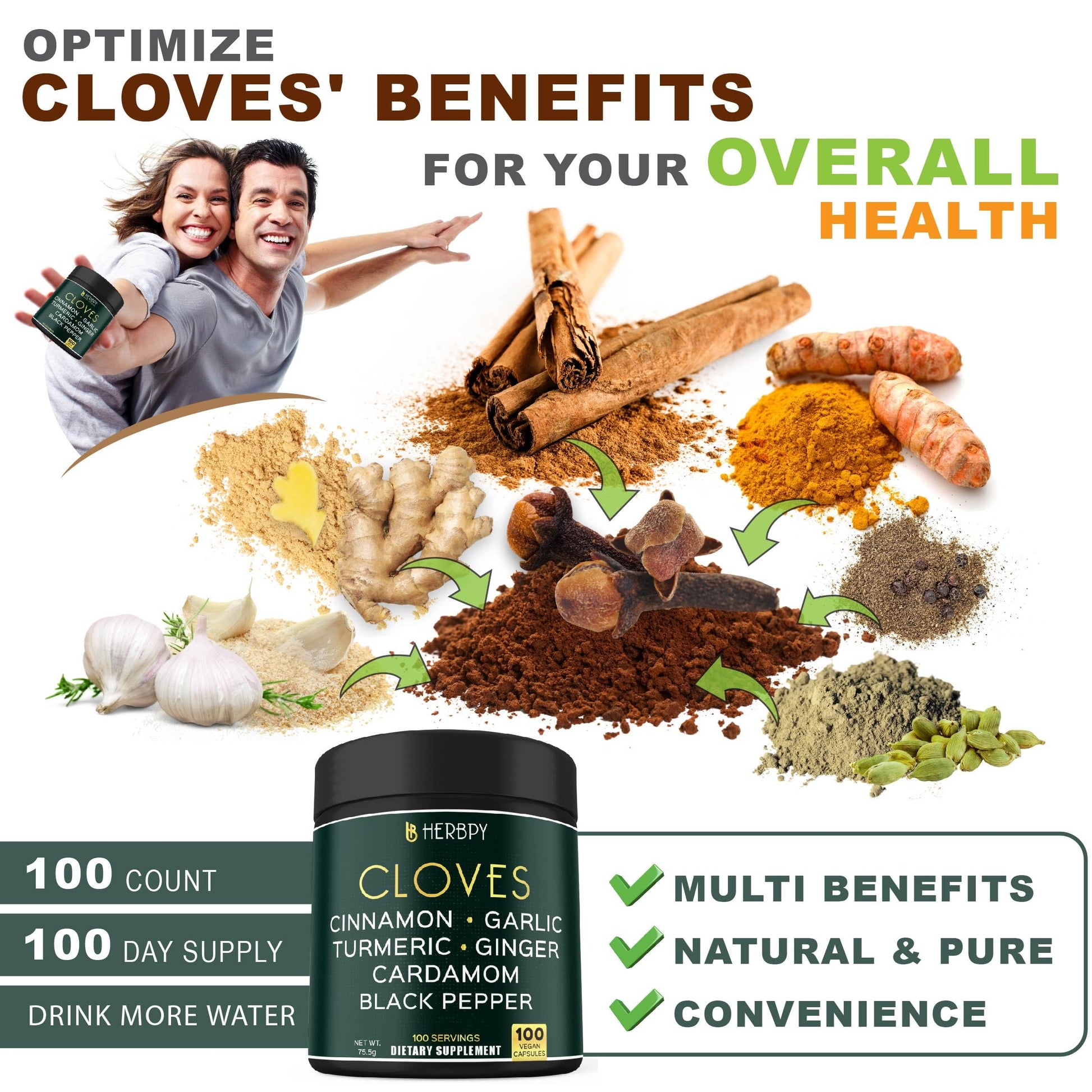 Herbpy 7in1 Clove Supplement Rich in Vitamins & Minerals Supports Digestion, Immune & Heart Health with Cinnamon, Turmeric, Ginger, Cardamom, Garlic & Black Pepper - 100 Vegan Capsules Herbpy uk supplements