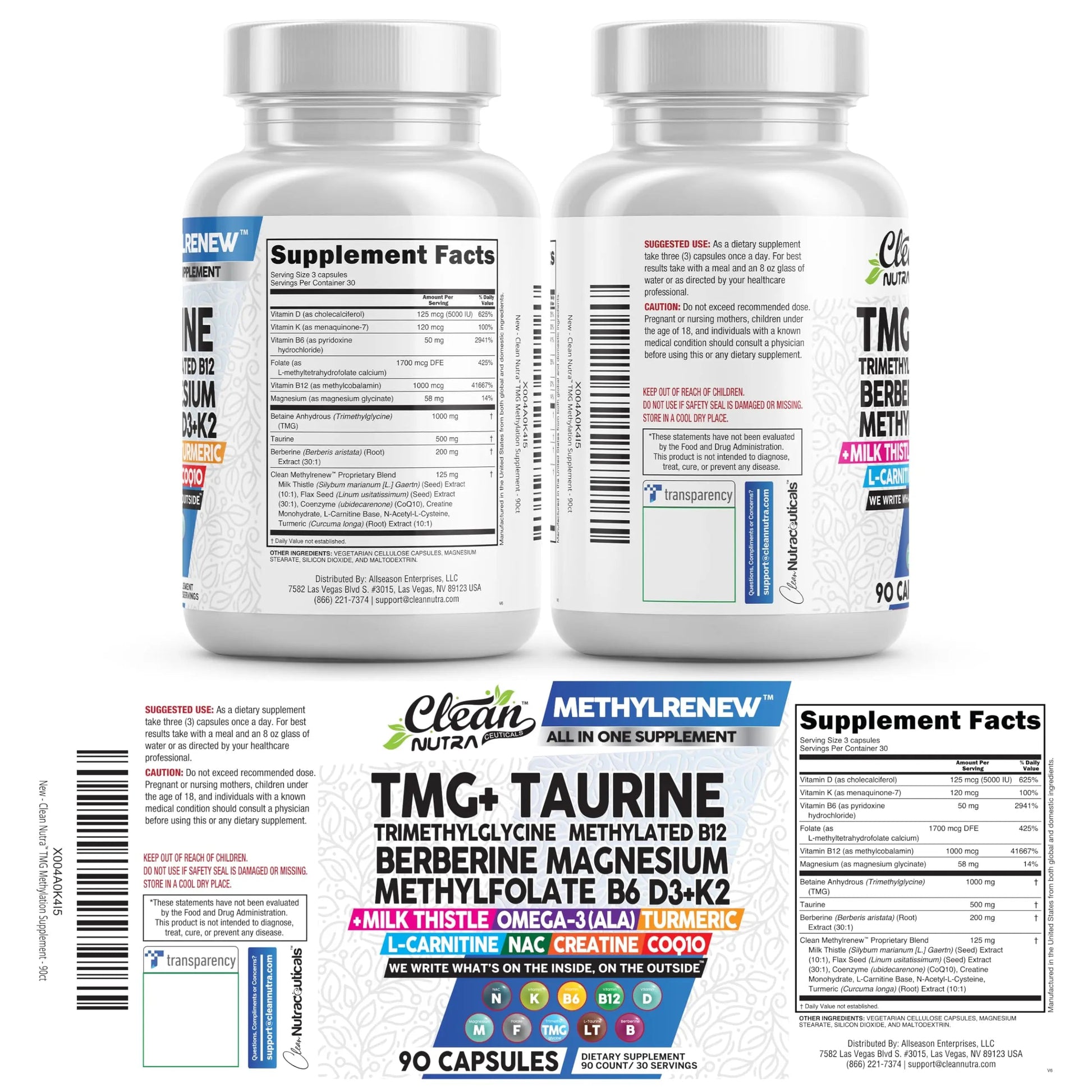 Clean Nutra TMG Supplements 1000mg | Methylated Multivitamin for Women Men | Taurine B6 Vitamins B12 D3 K2 Trimethylglycine Magnesium Clean Nutraceuticals uk supplements