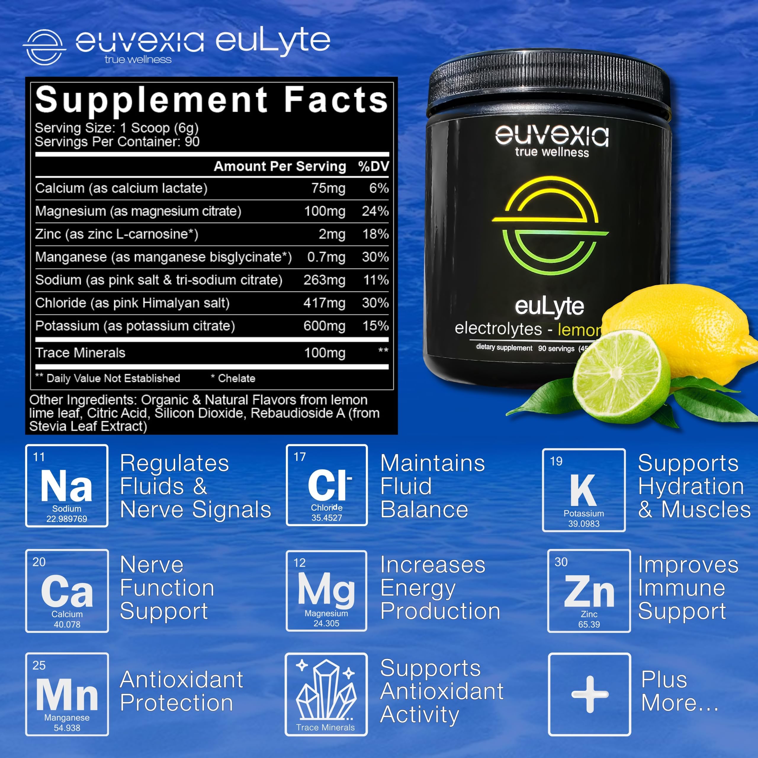 Dr Ekberg euLyte Instant Hydration Electrolytes Powder Zero Sugar Carb Calorie Lemon Lime Drink Mix • 80+ Minerals Magnesium Potassium Calcium Trace Minerals Euvexia uk supplements