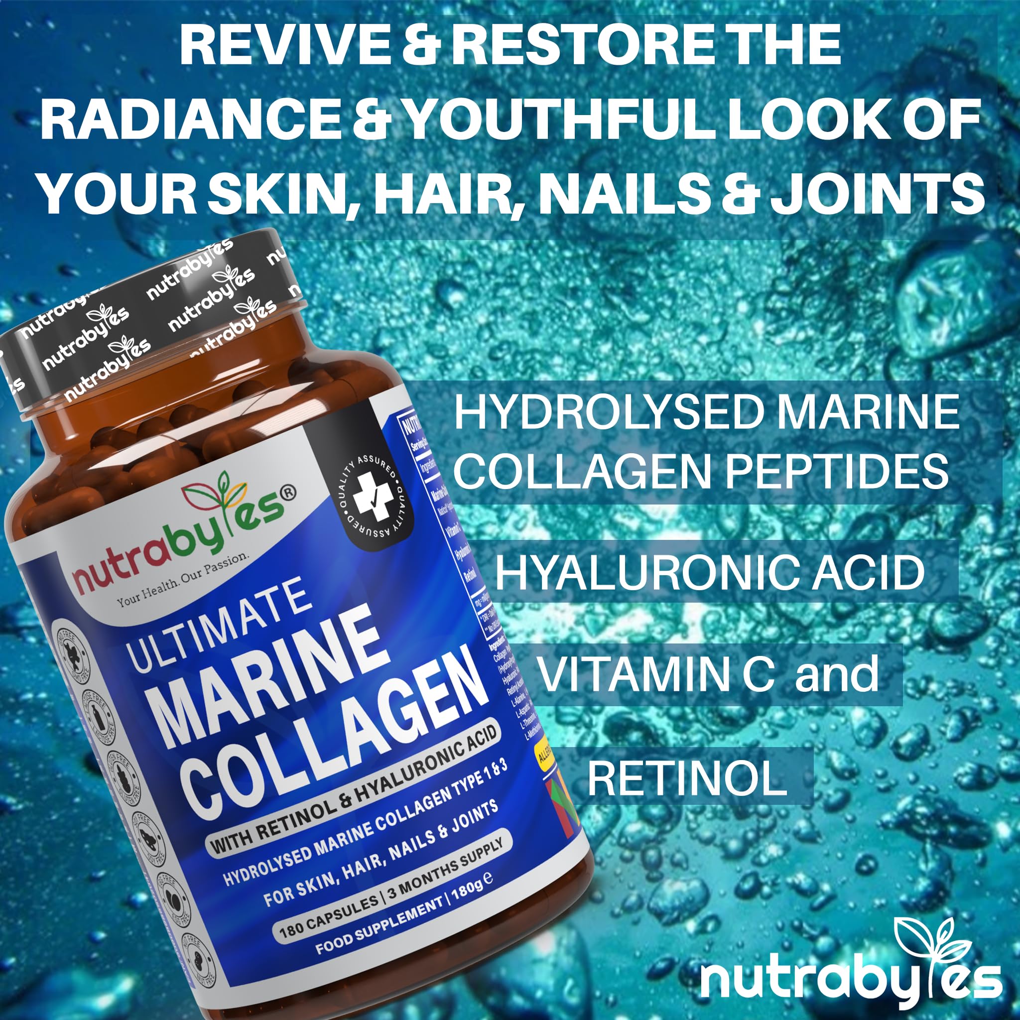 High Strength Marine Collagen with Hyaluronic Acid, Retinol and Vitamin C | 180 Capsules - 3 Months Supply NUTRABYTES uk supplements