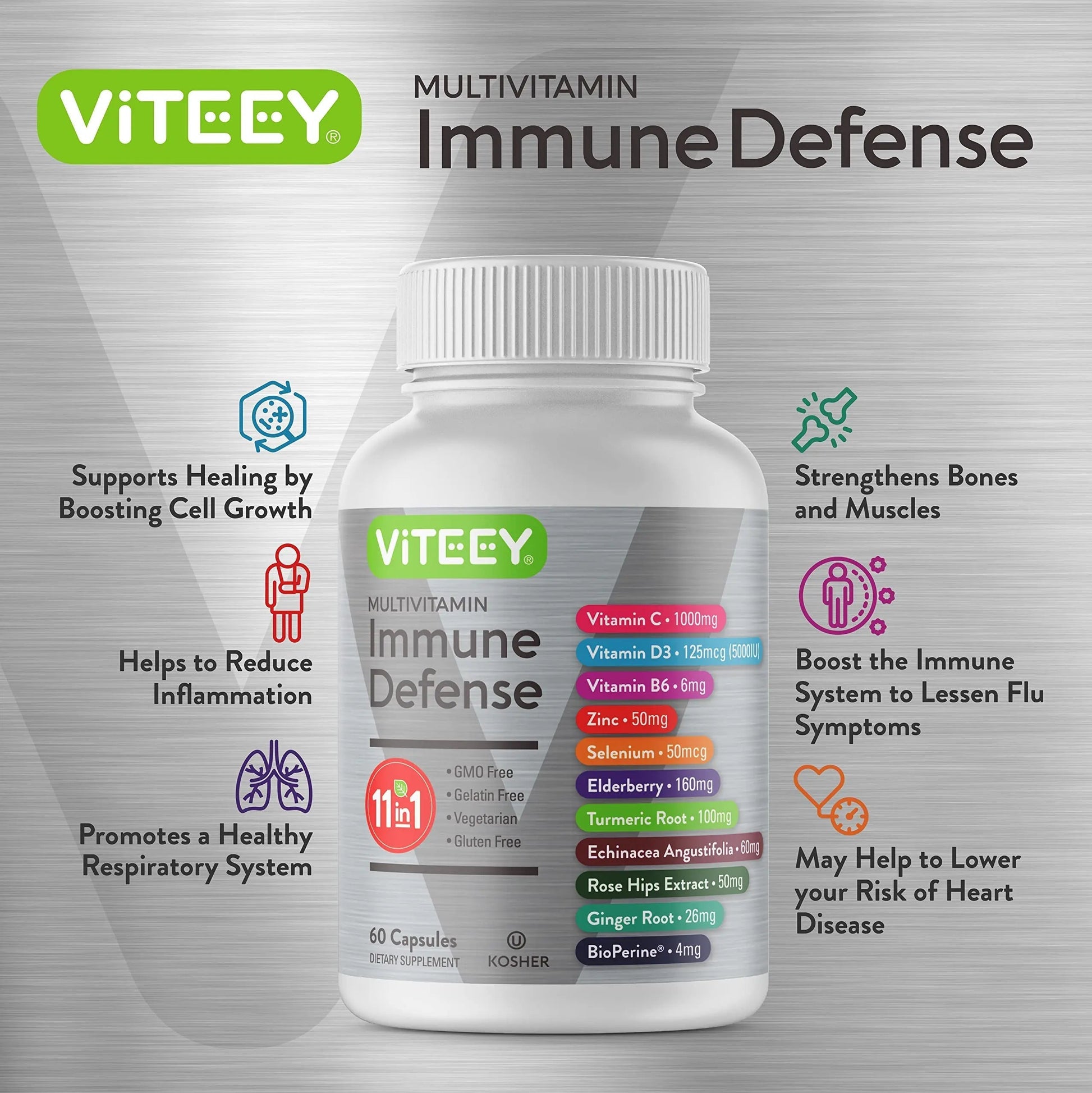 VITEEY 11 in 1 Immune Support Supplement - Immune Defense with Vitamin D3, B6, Echinacea, Turmeric, Rose-HIPS, Selenium Viteey uk supplements