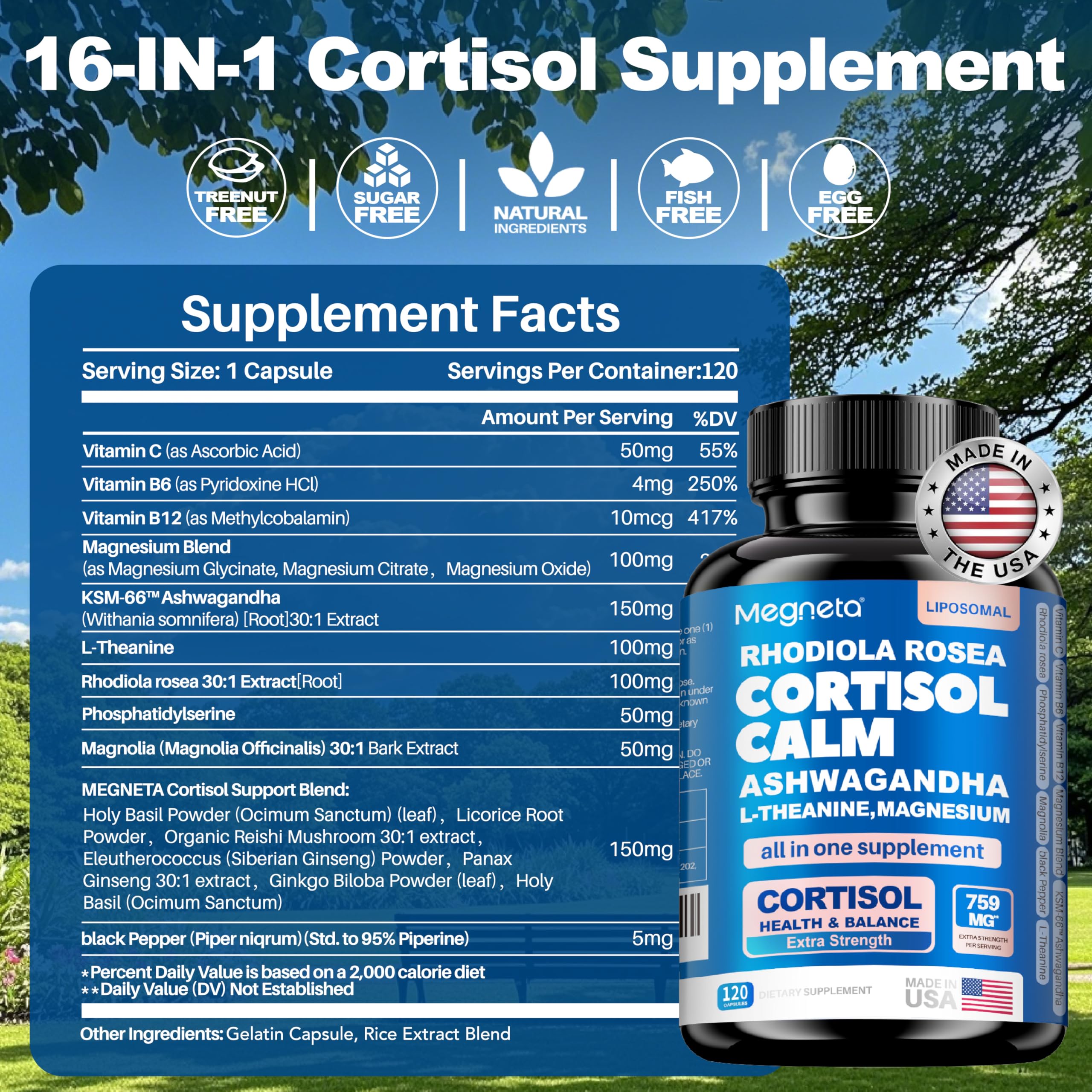 Cortisol Balance & Sleep Support for Women & Men – Natural Calm Formula with Magnesium, Ashwagandha & L-Theanine – Supports Restful Sleep, Relaxation, Focus & Healthy Cortisol Levels – 120 Capsules MEGNETA uk supplements