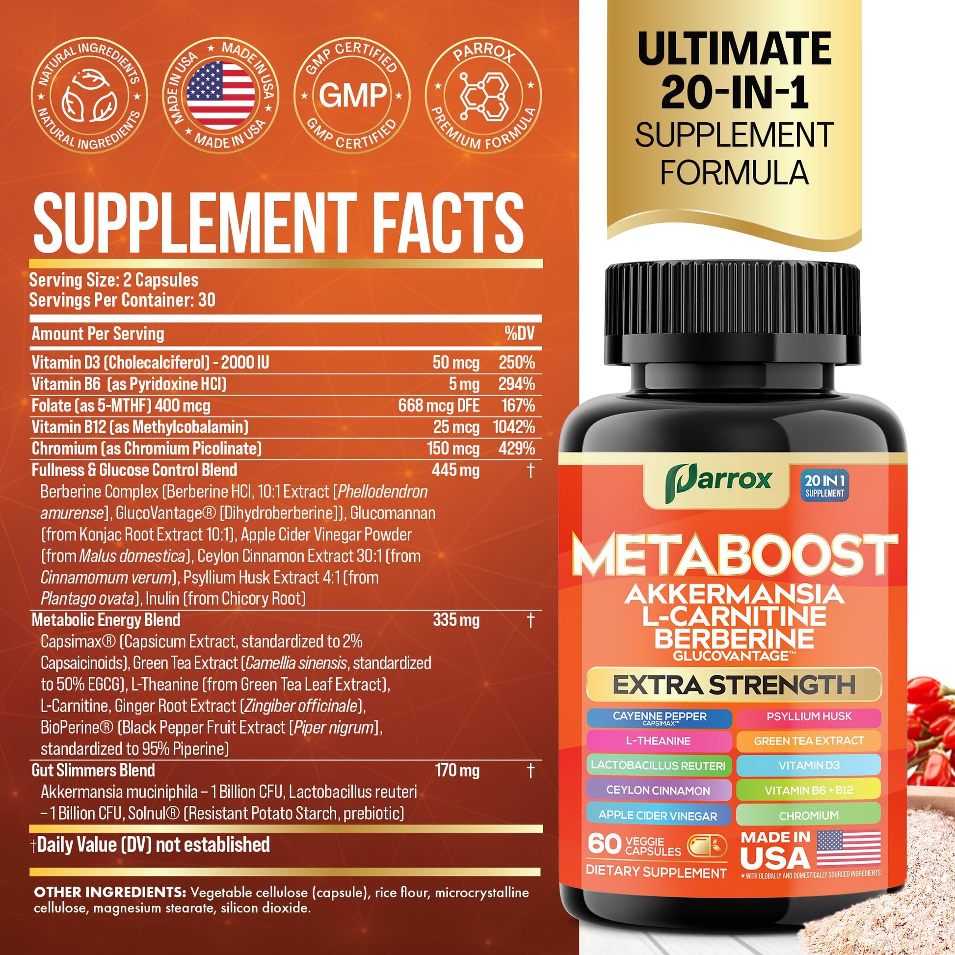 GLP-1 Booster Supplement, Akkermansia, L-Carnitine, Berberine (GlucoVantage), Methylfolate, Methylated B12, Chromium, Capsimax, Psyllium Husk, Probiotics Vitamins D3, B6, 20-in-1 Plant-Based (60 Caps) Parrox uk supplements