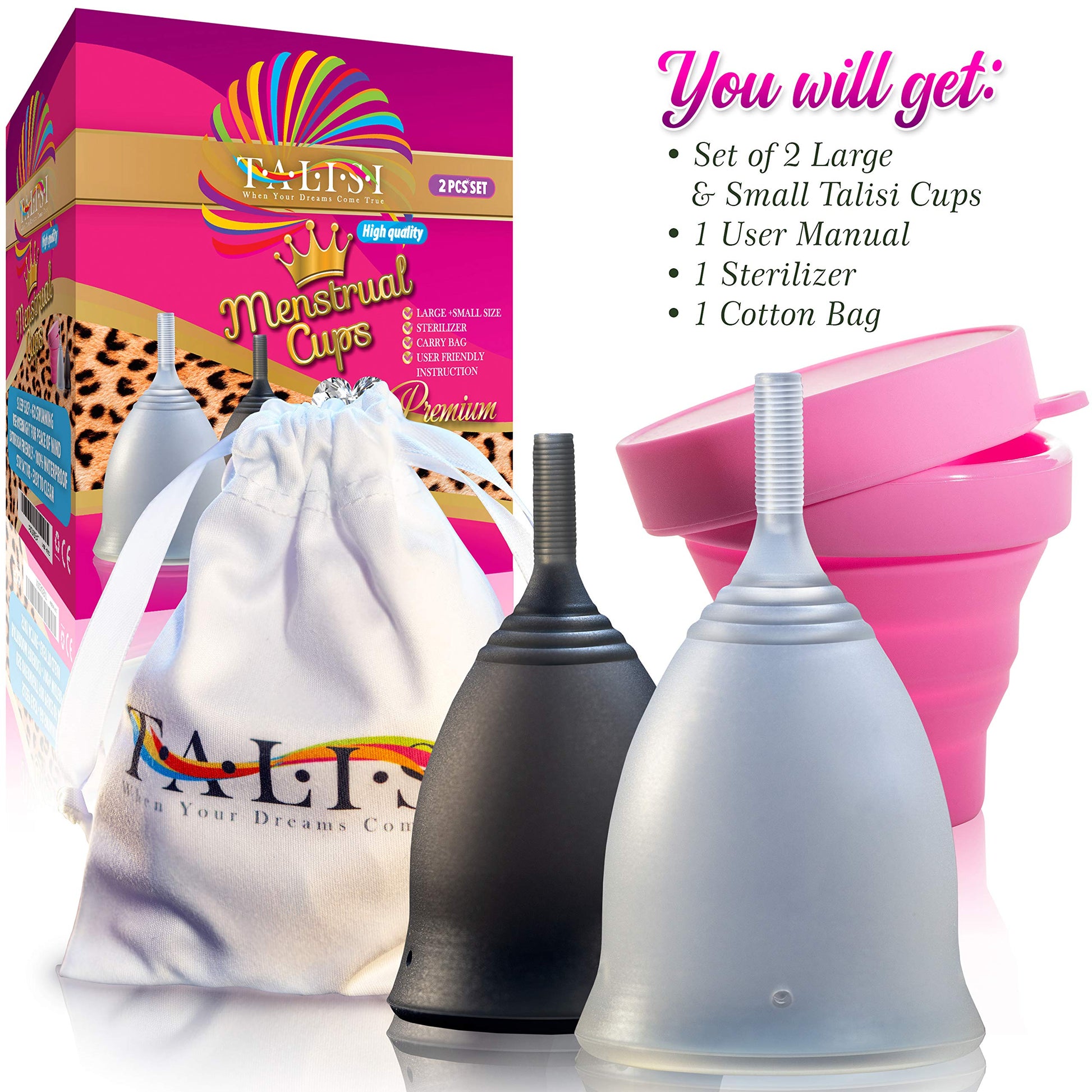 Talisi Soft Menstrual Cups Set of 2 - Reusable Period Cup for Women with Collapsible Case Holder Sterilizer TALISI WHEN YOUR DREAMS COME TRUE uk supplements