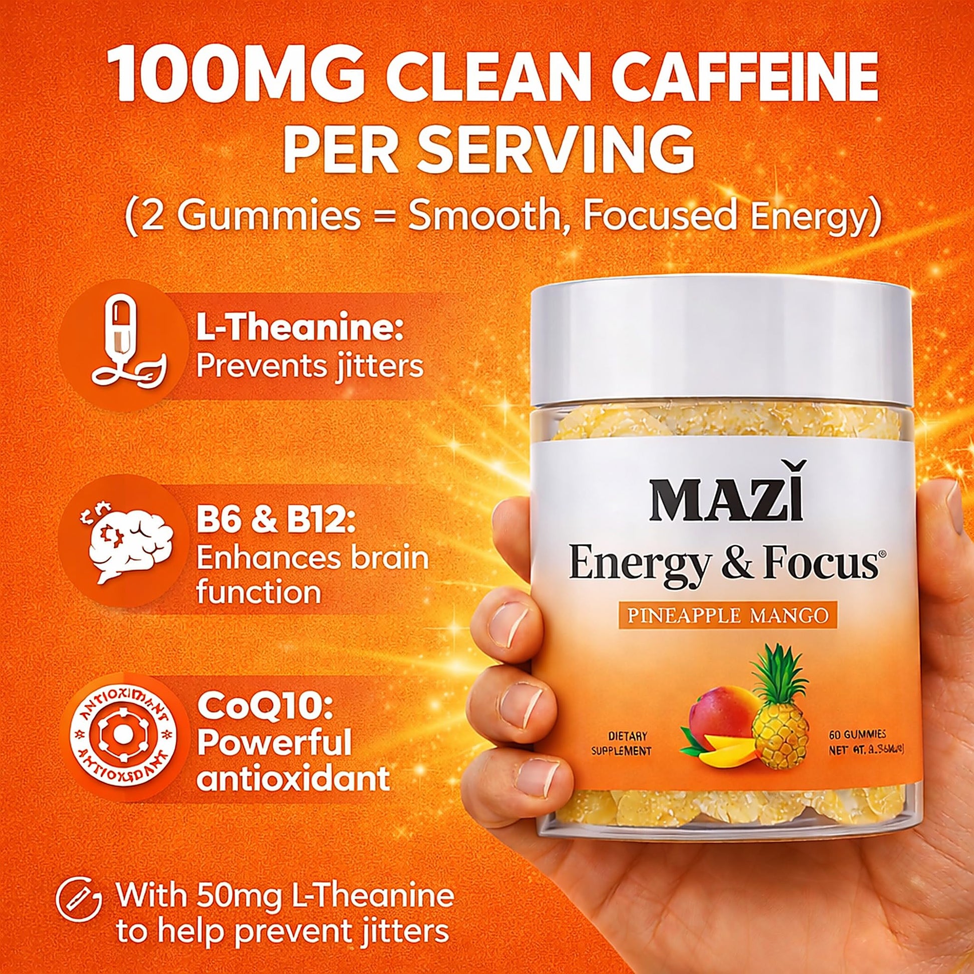 Energy & Focus Gummies | 100mg Natural Caffeine + L-Theanine + Vitamin B6 & B12 + CoQ10 | Nootropic Cognitive Brain Performance Supplement | No Crash or Jitters MAZI uk supplements