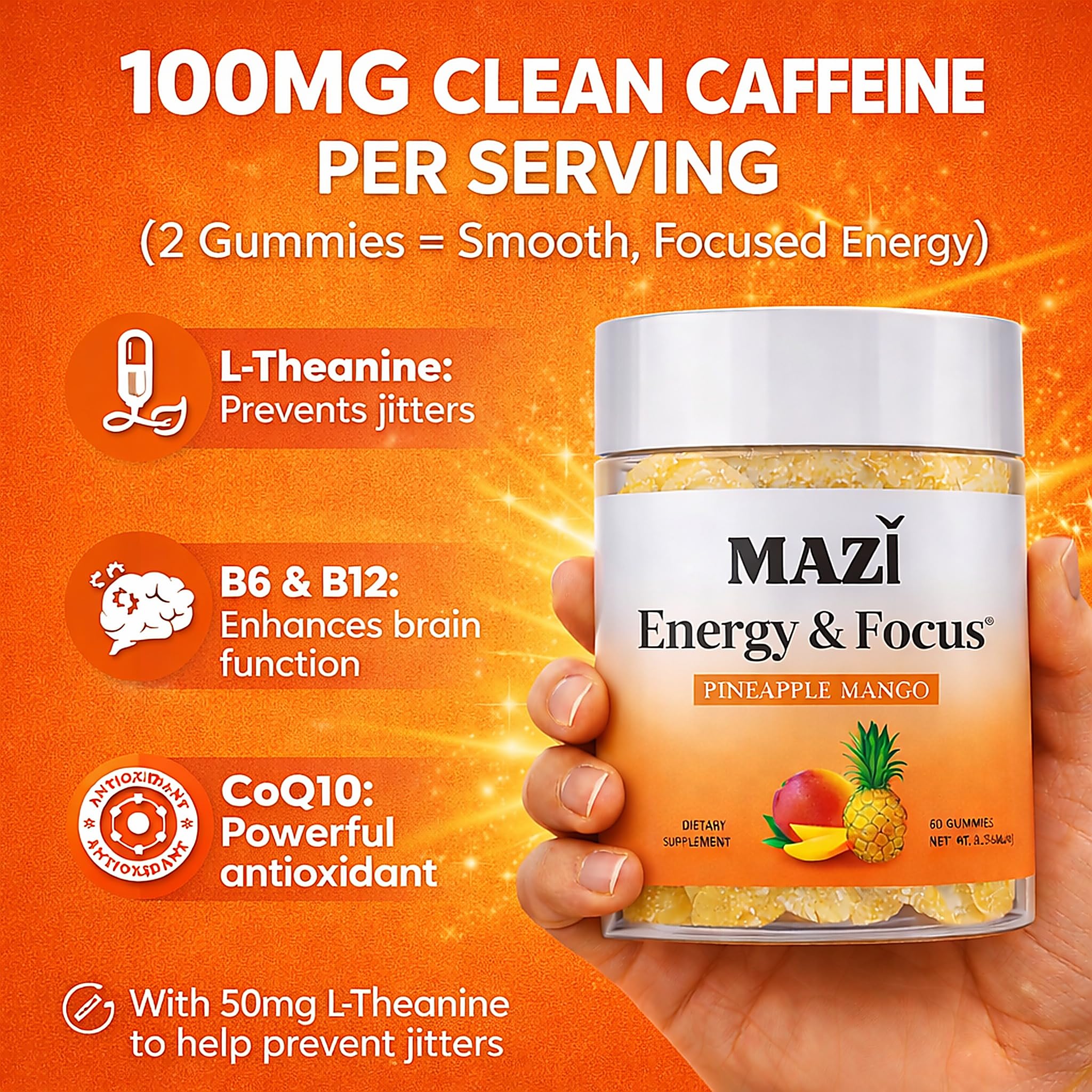Energy & Focus Gummies | 100mg Natural Caffeine + L-Theanine + Vitamin B6 & B12 + CoQ10 | Nootropic Cognitive Brain Performance Supplement | No Crash or Jitters MAZI uk supplements