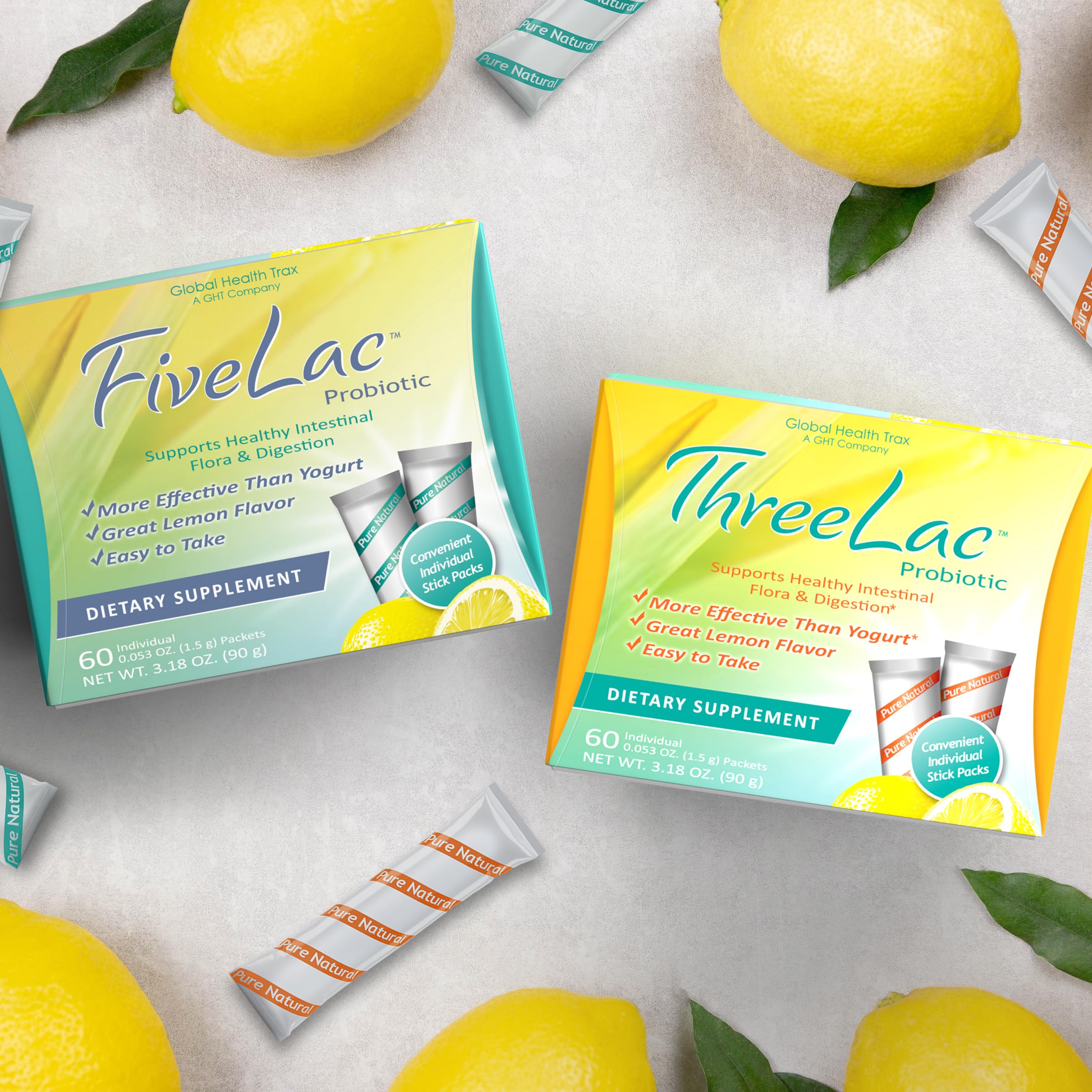 Global Health Trax GHT - FiveLac + Threelac Lemon Probiotic Powder Drink Mix, Probiotics for Women, Men, Kids, Smooth Digestive Support & Elimination, Relieves Constipation & Gas - 60 Packets, Non-GMO ght Global Health Trax uk supplements