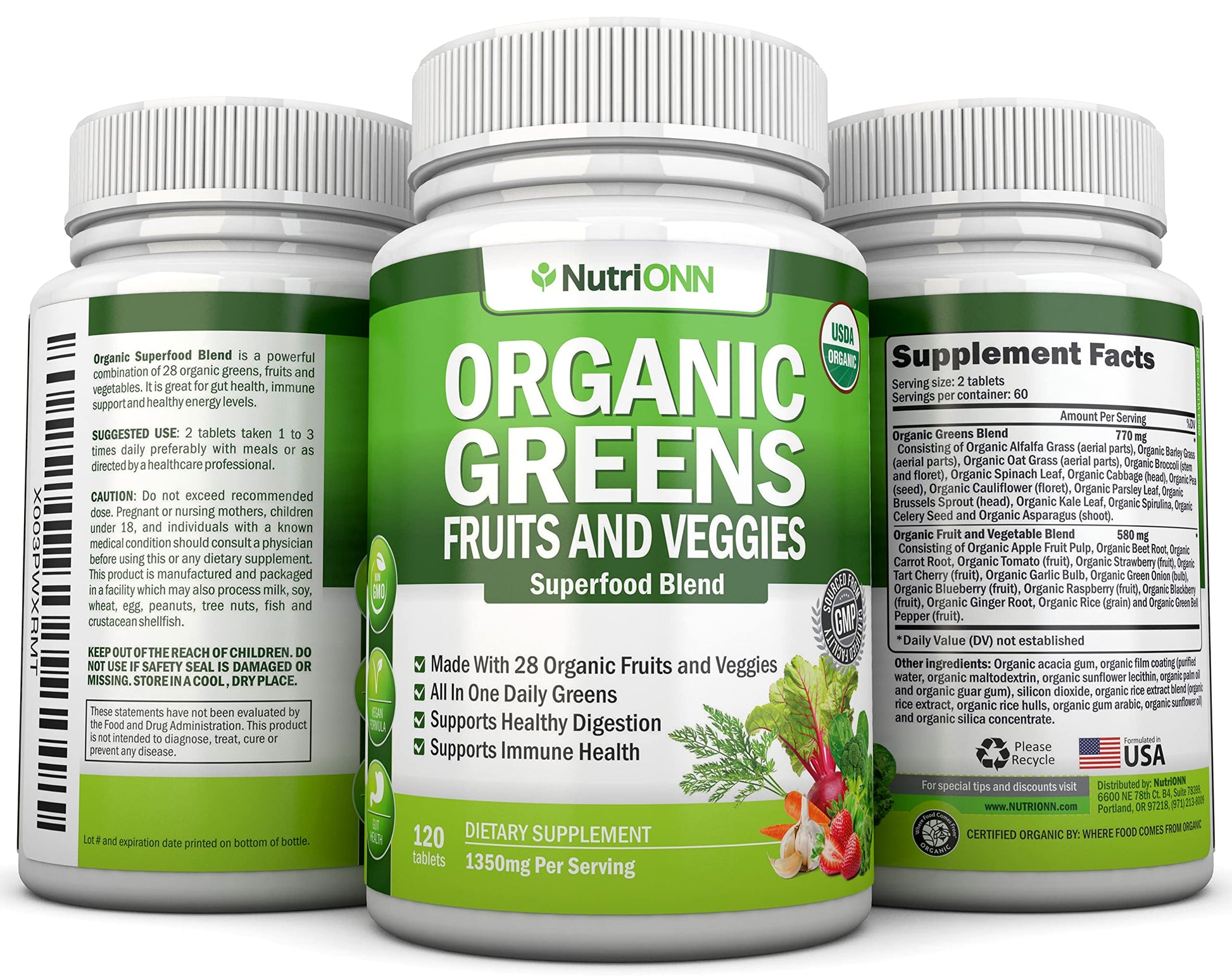 Organic Super Greens Capsules - Fruit And Vegetable Supplements - 120 Count - 28 USDA Organic & Vegan Premium Ingredients - Superfood Blend For Immune Health, Digestion & Energy - Whole Food Vitamins NutriONN uk supplements