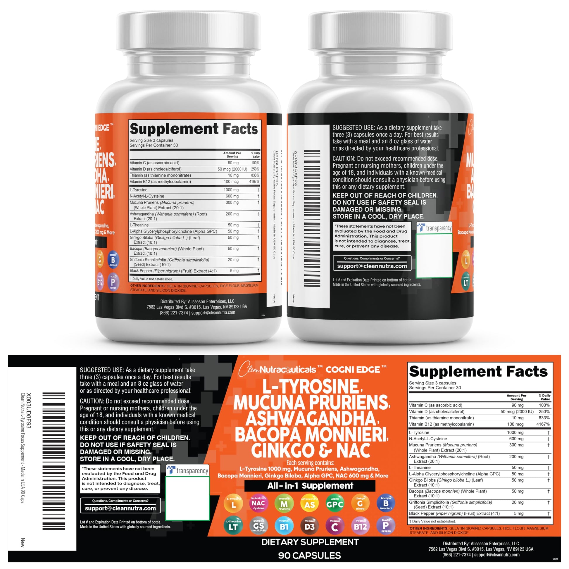 Clean Nutraceuticals L Tyrosine Mucuna Pruriens Bacopa Monnieri Ashwagandha Focus Supplement w/N-Acetyl Cysteine NAC 5-HTP Ginkgo Biloba Alpha GPC Vitamin C D B1 B12 Clean Nutraceuticals uk supplements