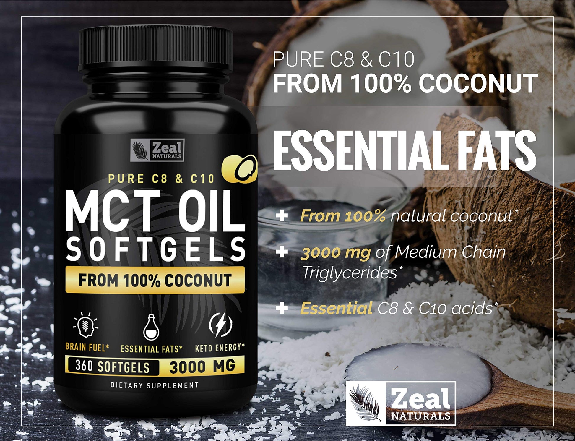 Pure MCT Oil Capsules (360 Softgels | 3000mg) 4 Month Supply Keto Pills w Unrefined Coconut Zeal Naturals uk supplements