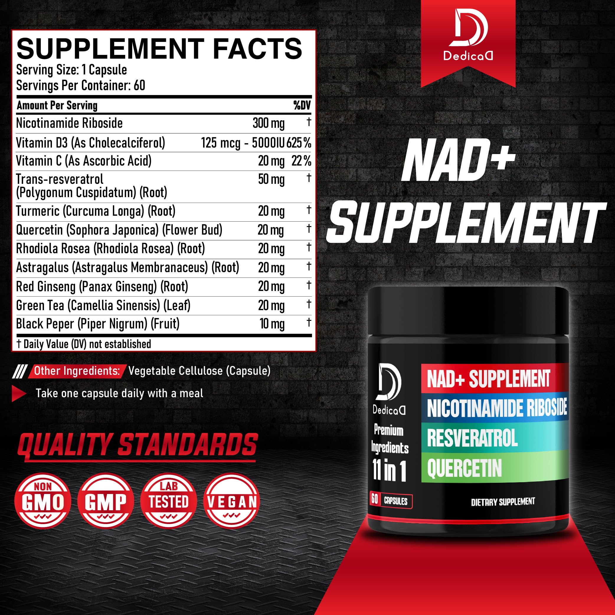 DEDICAD 11in1 NAD Supplement with Nicotinamide Riboside, Quercetin, Resveratrol and 8 More - 2 Month Supply DEDICAD uk supplements