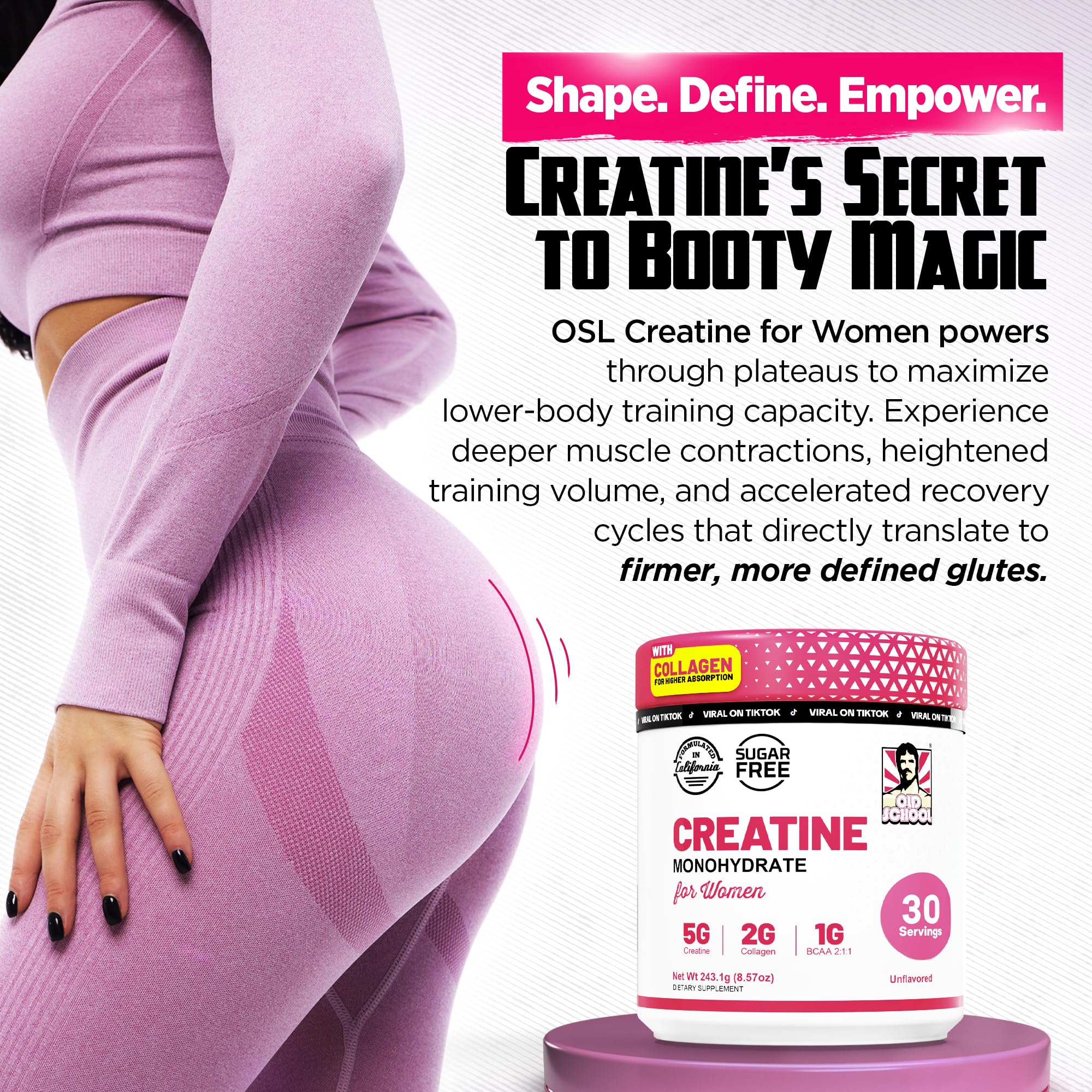 Old School Labs Creatine for Women – Post-Workout Supplement with 5000mg Creatine Monohydrate Powder, 2000mg Collagen & BCAA 2:1:1 for Strength Support & Recovery