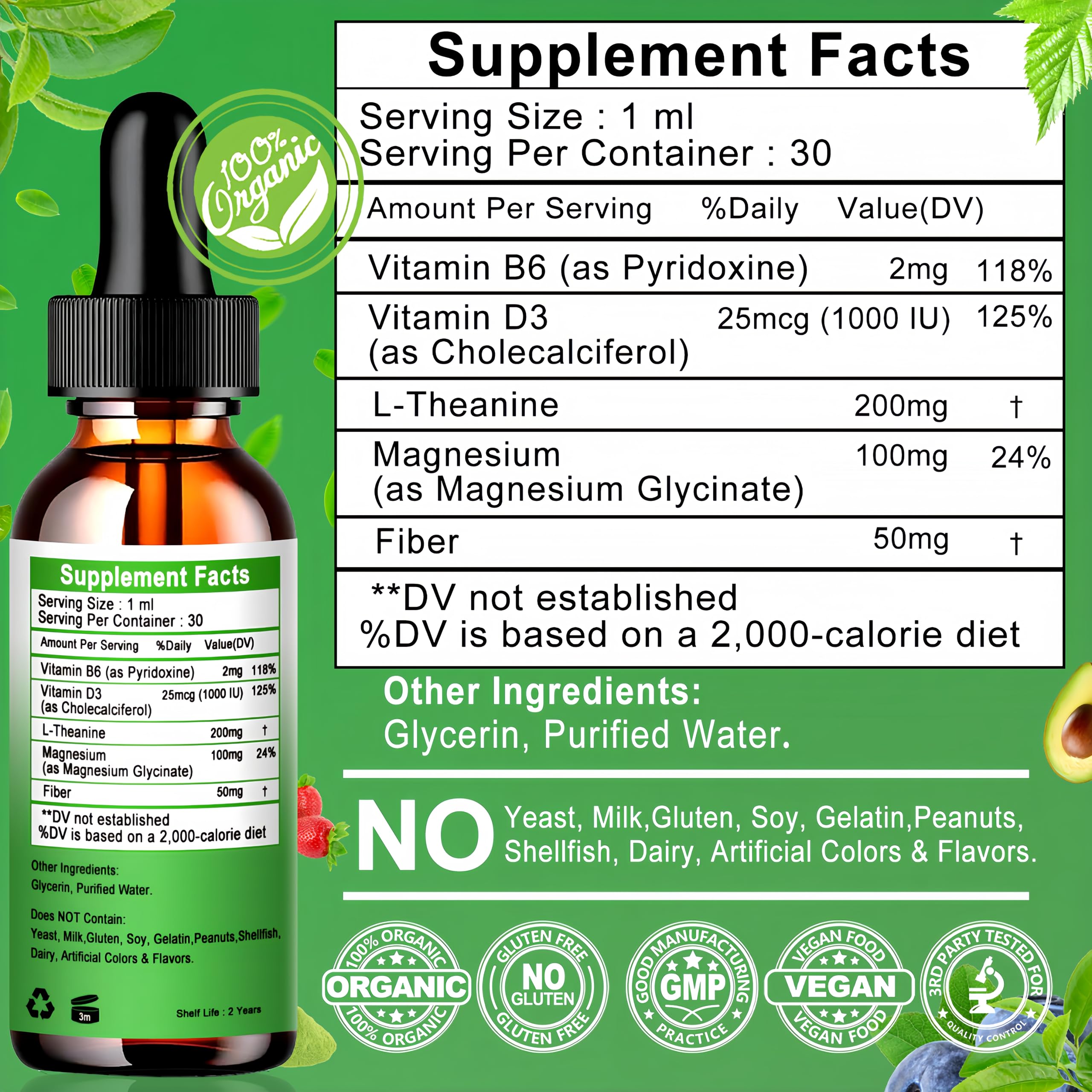 L Theanine Drops, Liquid L-Theanine Supplement 200mg w/Magnesium Glycinate,Vitamins,Fiber for Relaxation,Sleep,Digestion, Calm,High Absorption Mood Support for Adults & Kids,Plant Based,Non-GMO Vita letuo uk supplements