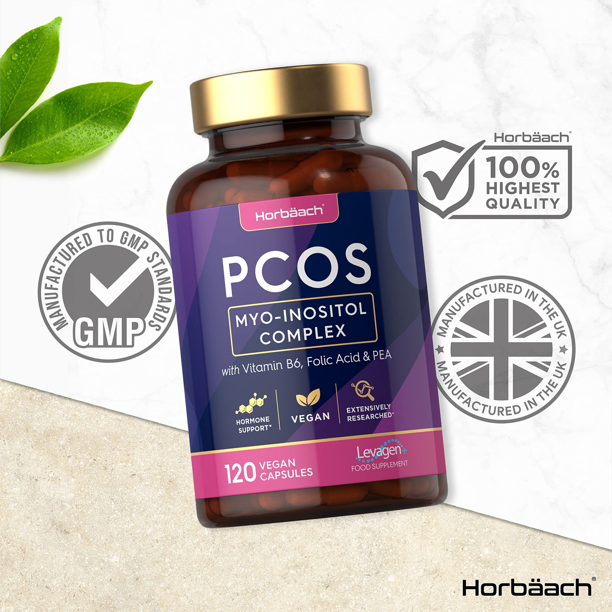 Inositol Supplement for PCOS | 120 Vegan Capsules | Myo-Inositol Complex with Folic Acid Horbäach uk supplements