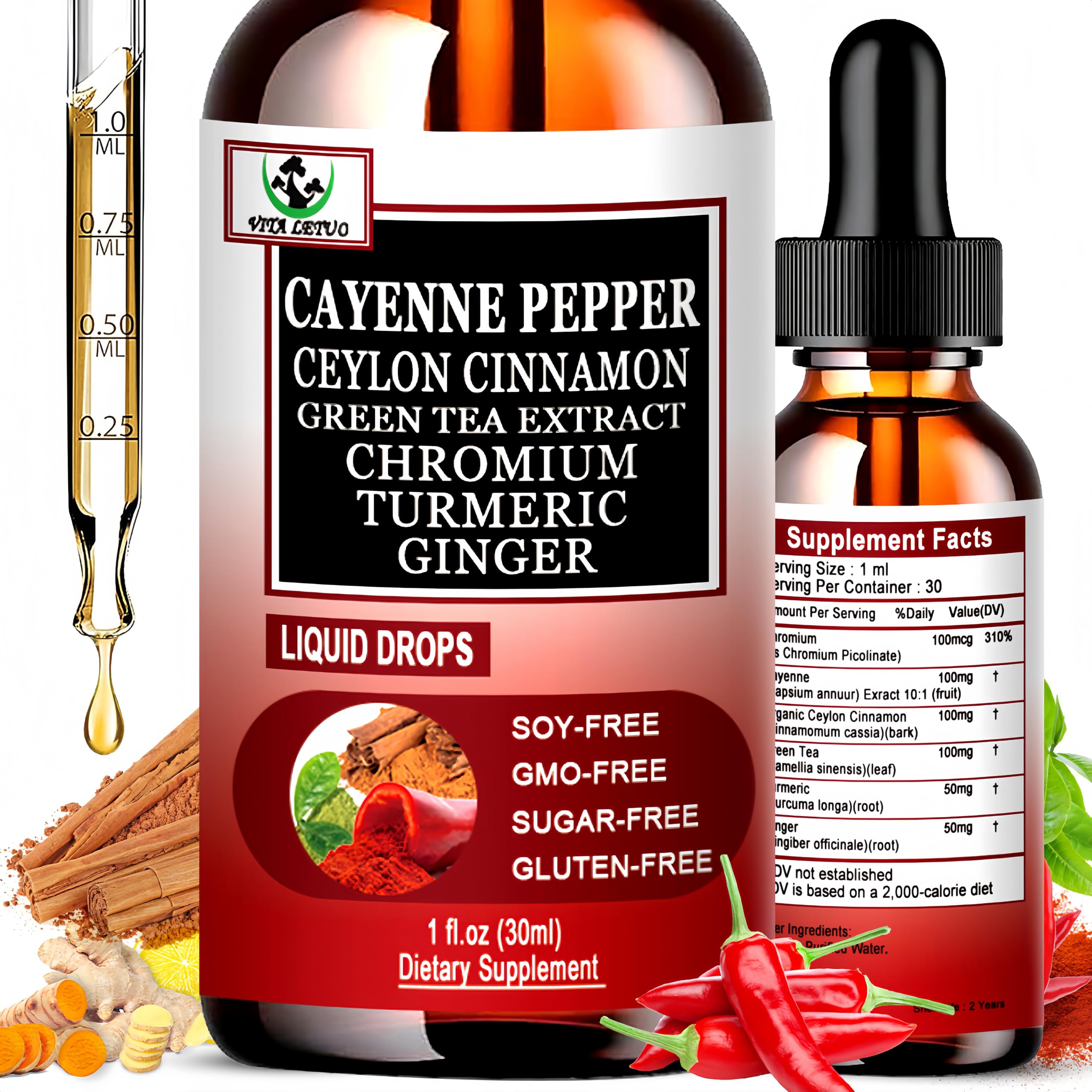 Cayenne Pepper Drops, High Absorption 6-in-1 Liquid Cayenne Pepper Supplement w/Ceylon Cinnamon, Green Tea Extract, Turmeric, Organic Liquid Drops Than Cayenne Capsules Powder Vita letuo uk supplements