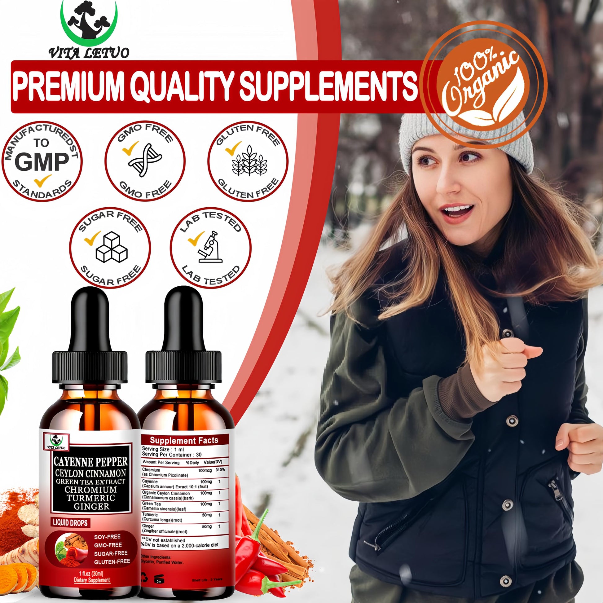 Cayenne Pepper Drops, High Absorption 6-in-1 Liquid Cayenne Pepper Supplement w/Ceylon Cinnamon, Green Tea Extract, Turmeric, Organic Liquid Drops Than Cayenne Capsules Powder Vita letuo uk supplements