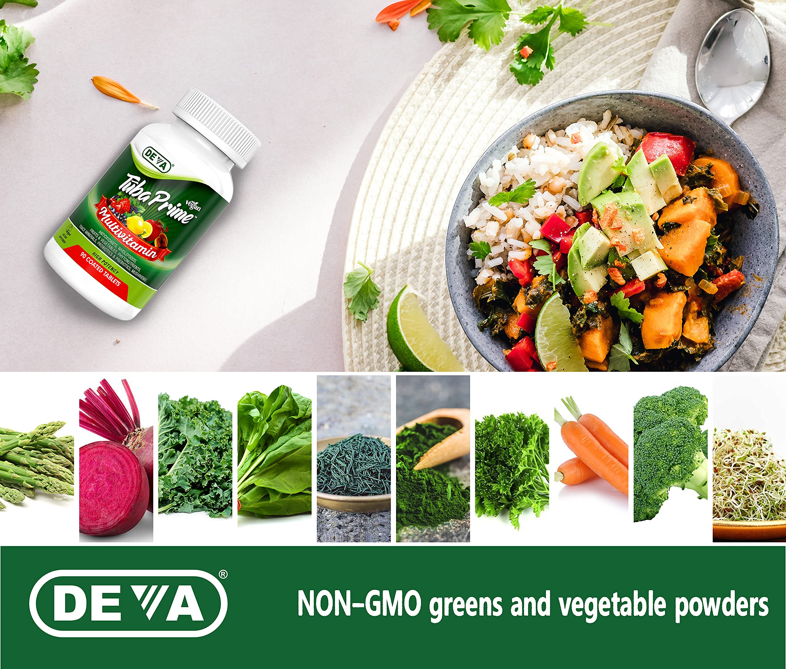 DEVA Tuba Prime Vegan Multivitamin - High-Potency Vitamin and Mineral Dietary Supplement - Antioxidants, Fruit and Vegetable Blend, Super Mushrooms, Probiotics, Prebiotics, Seeds, Herbs - 90 Tablets DEVA uk supplements