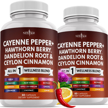 NEW AGE Cayenne Pepper Capsules Supplement with Hawthorn Berry, Dandelion Root, Ceylon Cinnamon, Garlic, Ginger, ACV, Milk Thistle, Beet Root, Aloe Vera - 120 Count NEW AGE uk supplements
