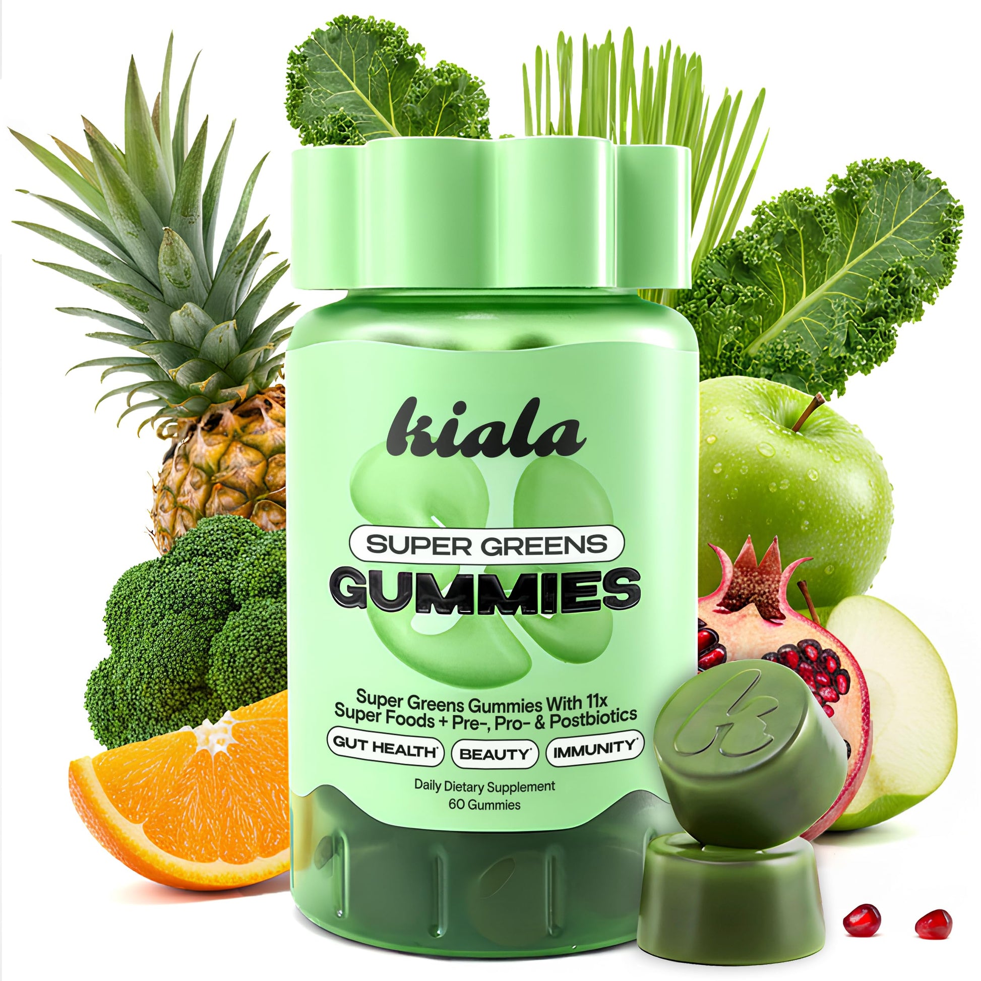 Kiala Nutrition Super Greens Gummies with 11x Organic Greens, Pre, Post & Probiotics, Antioxidants, Multivitamin, Fiber Supplement Supports Gut Health & Digestion, Dairy Free, Vegetarian, 60 Count Kiala Nutrition uk supplements