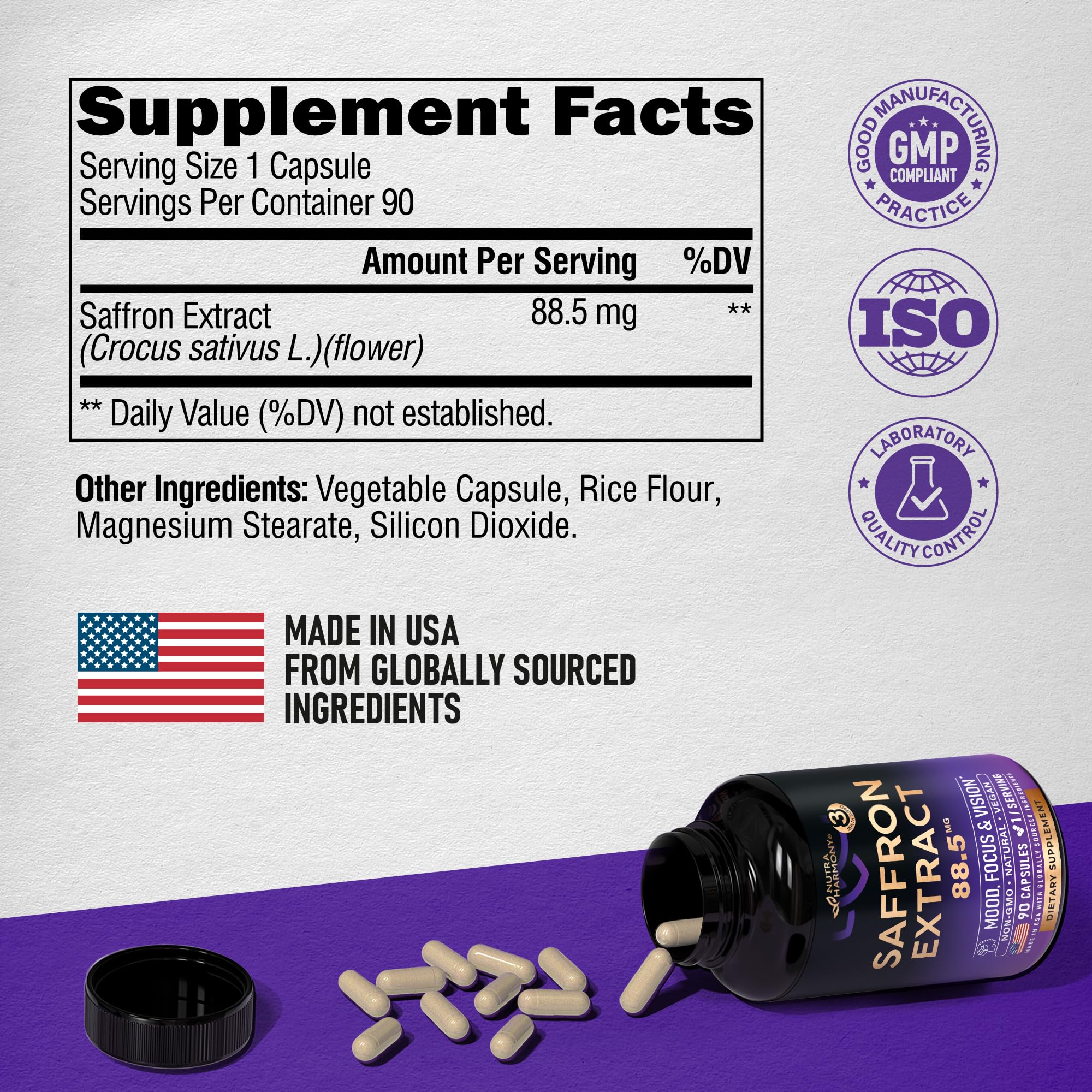 Natural Saffron Supplements - Pure Saffron Extract 88.5 mg - Made in USA - Mood | Focus | Vision | Energy Support - Eye Health for Women & Men - NonGMO Vegan Pills - 90 Powder Capsules, 3 Month Supply NUTRAHARMONY uk supplements