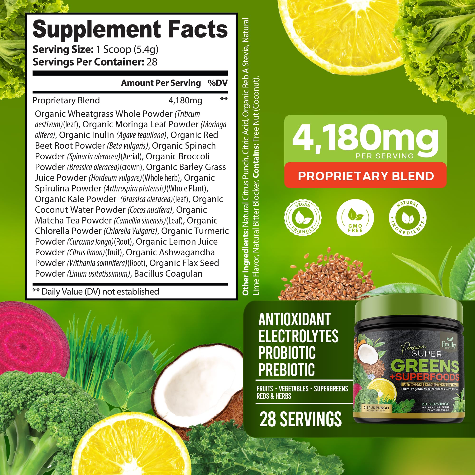Greens Powder Superfood Supplement - Super Green Reds Smoothie Mix Blend with Spirulina Healthy Harvest Nutrition uk supplements