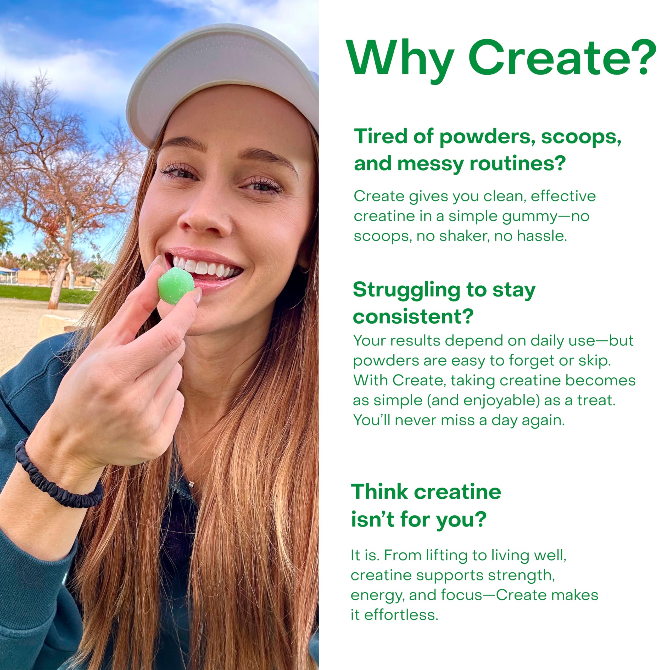 Create Creatine Monohydrate Gummies for Men & Women, Boost Focus, Strength, and Endurance, Anti-Melting Formula, Vegan, Gluten-Free, Non-GMO, 1.5g of Creatine per Gummy (Sour Green Apple) Create uk supplements