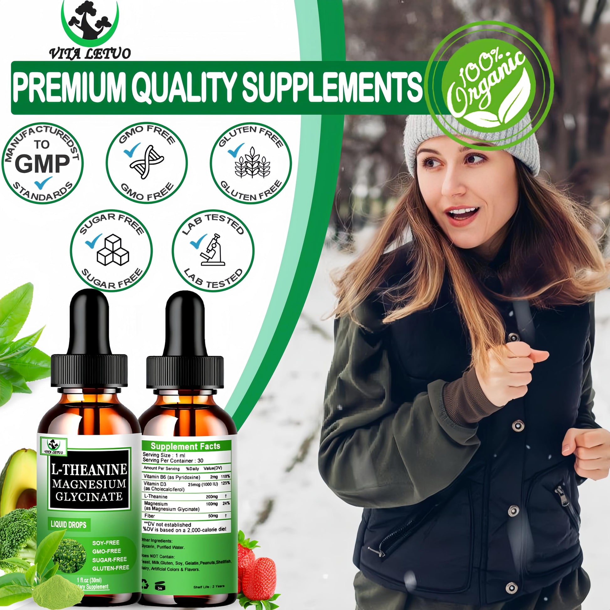 L Theanine Drops, Liquid L-Theanine Supplement 200mg w/Magnesium Glycinate,Vitamins,Fiber for Relaxation,Sleep,Digestion, Calm,High Absorption Mood Support for Adults & Kids,Plant Based,Non-GMO Vita letuo uk supplements