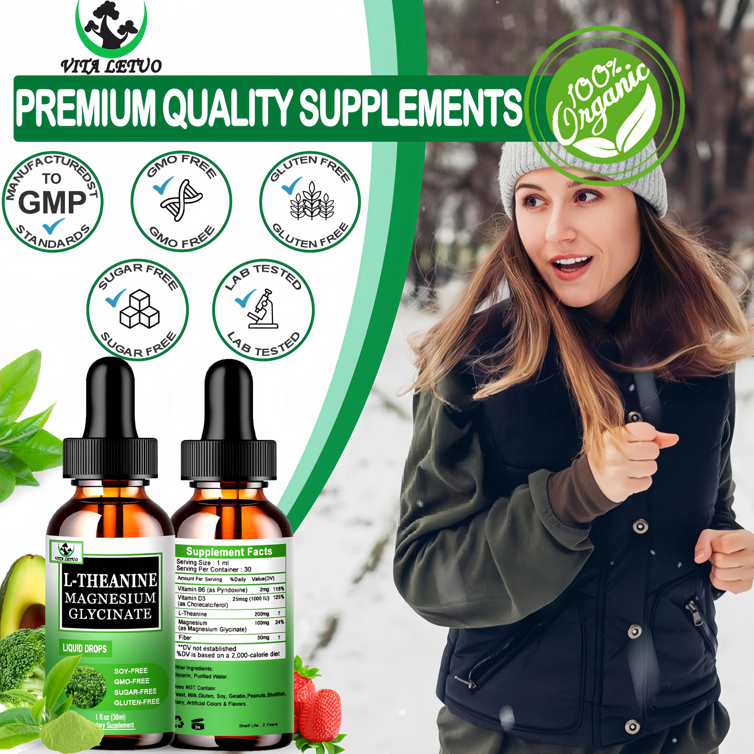 L Theanine Drops, Liquid L-Theanine Supplement 200mg w/Magnesium Glycinate,Vitamins,Fiber for Relaxation,Sleep,Digestion, Calm,High Absorption Mood Support for Adults & Kids,Plant Based,Non-GMO Vita letuo uk supplements