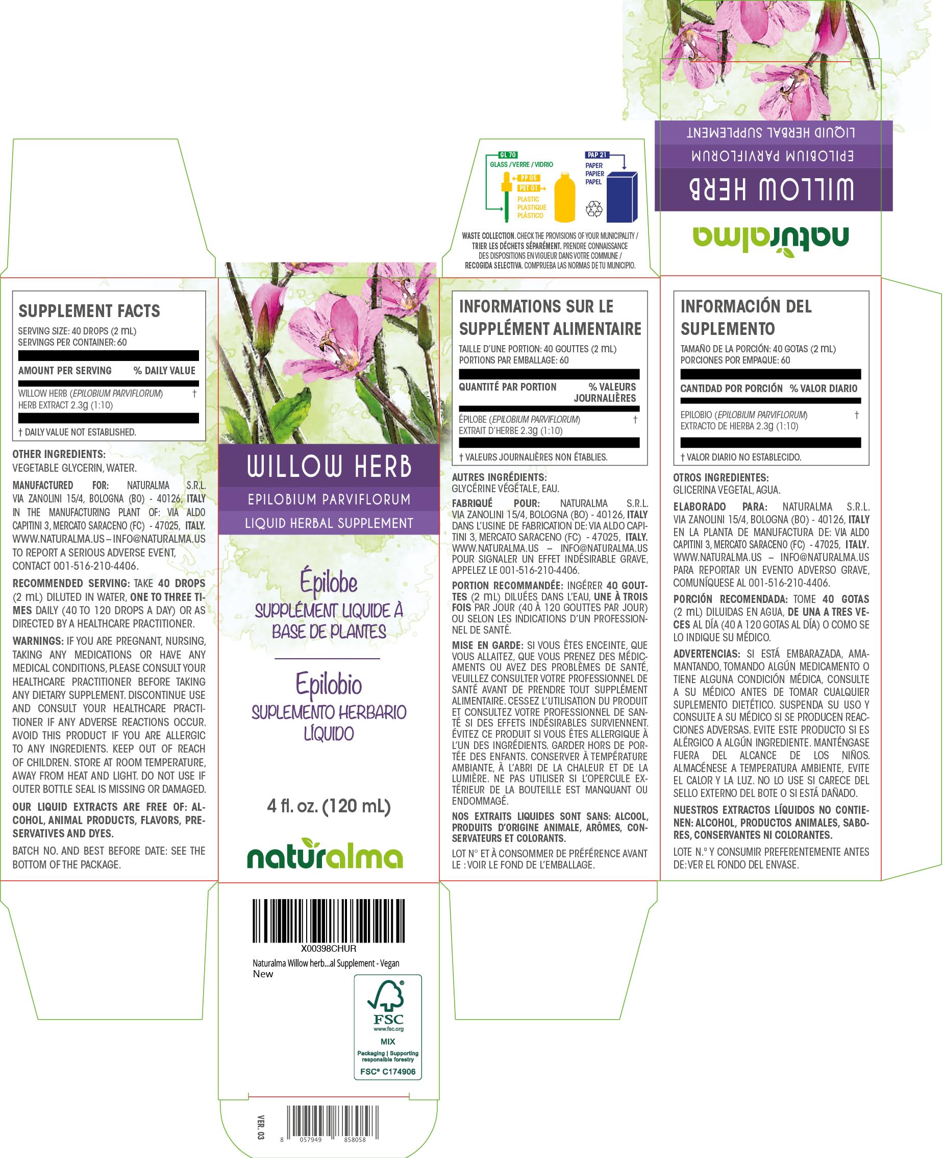 Naturalma Willow herb or Fireweed (Epilobium parviflorum) herb Alcohol-Free Tincture - 4 fl oz Liquid Extract in Drops - Herbal Supplement - Vegan Naturalma uk supplements