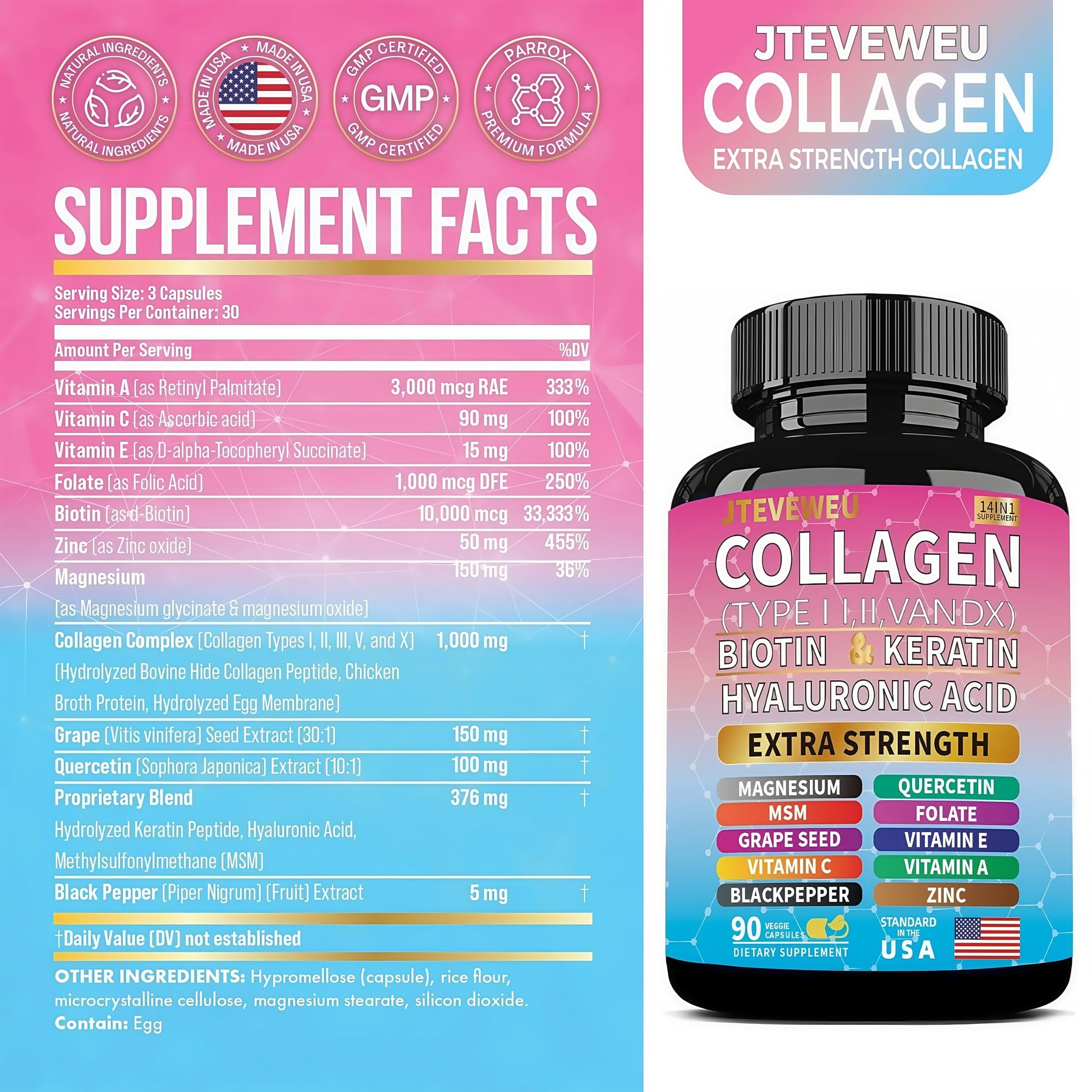 JTEVEweu Collagen Supplement - Type I, II, III, V and X - with Biotin, Keratin, Hyaluronic Acid & 13+ Extra Strength Ingredients - （90 Capsules） JTEVEweu uk supplements