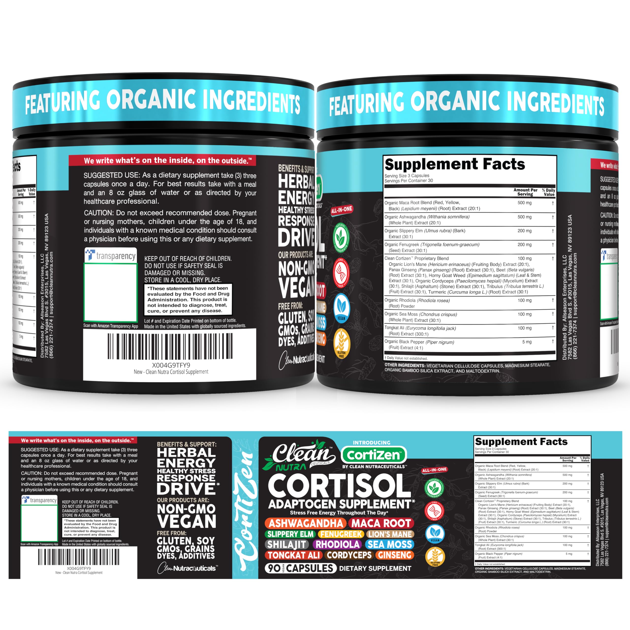 Clean Nutra Cortisol Supplements For Women | Maca Root Ashwagandha Cortisol Detox Manager Reducer + Slippery Elm Fenugreek Lions Mane Shilajit Rhodiola Sea Moss Tongkat Ali Cordyceps Ginseng Beet Root Clean Nutraceuticals uk supplements