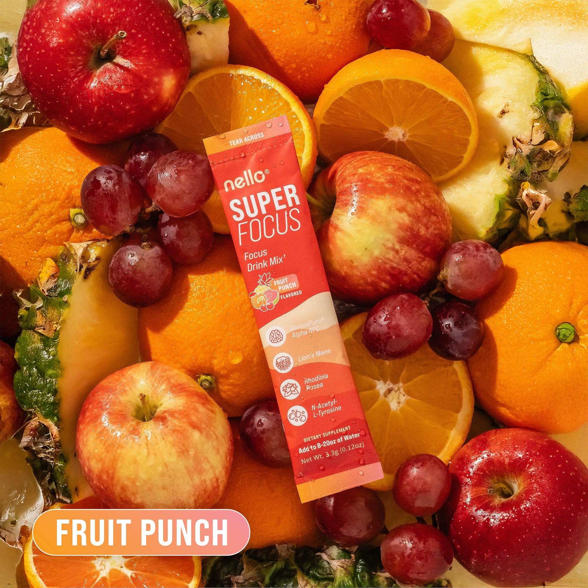 Nello Superfocus Focus Drink Mix – Fruit Punch Flavor – Alpha GPC, Lion’s Mane, Rhodiola & N-Acetyl L-Tyrosine – Sugar-Free, On-the-Go Packets – 20 Servings Nello uk supplements