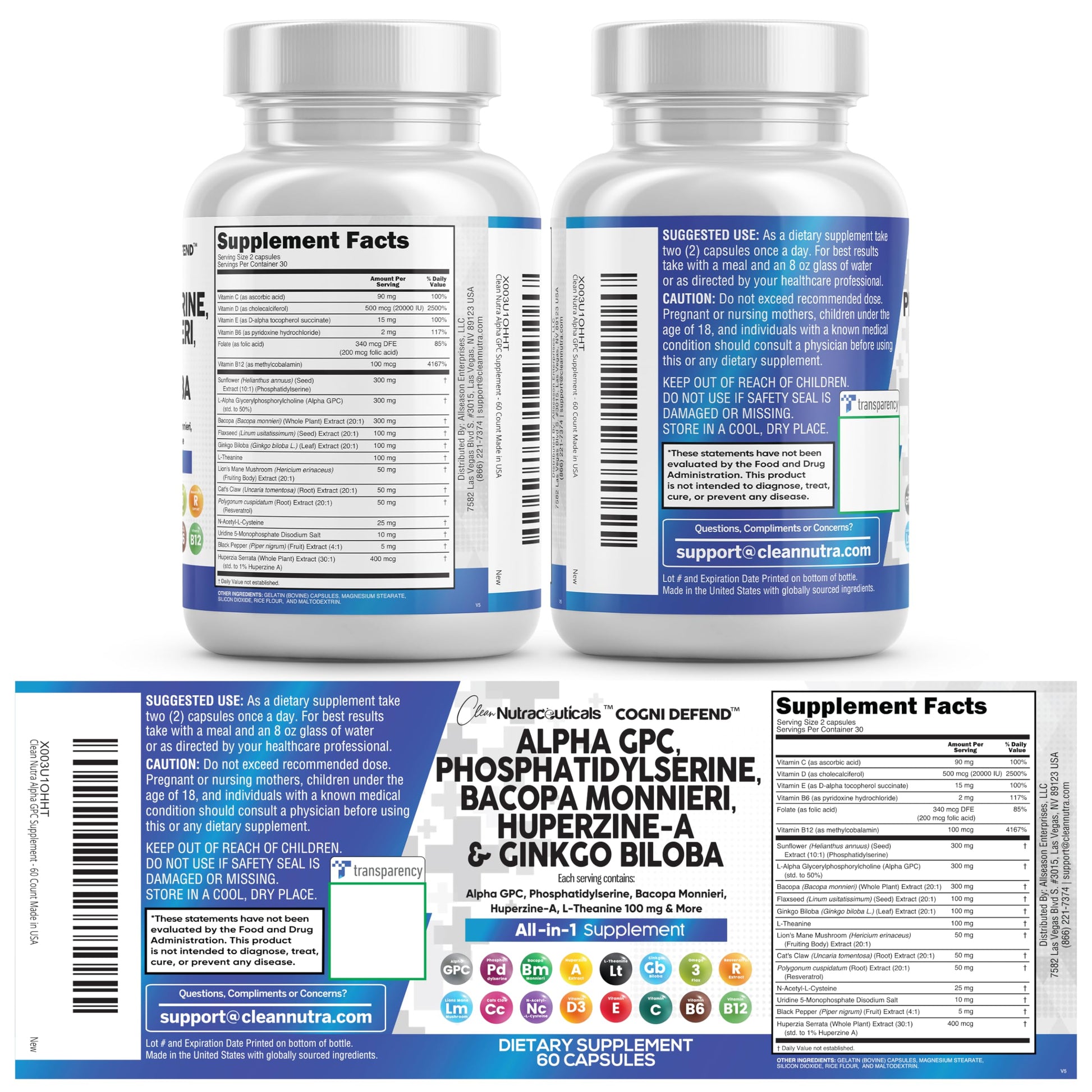 Brain Supplement Alpha GPC 300mg Phosphatidylserine Bacopa Monnieri Ginkgo Biloba Lions Mane Huperzine A L-Theanine NAC Nootropic Memory Focus Cognitive Support Vitamins B C D E 60 Capsules USA Clean Nutraceuticals uk supplements
