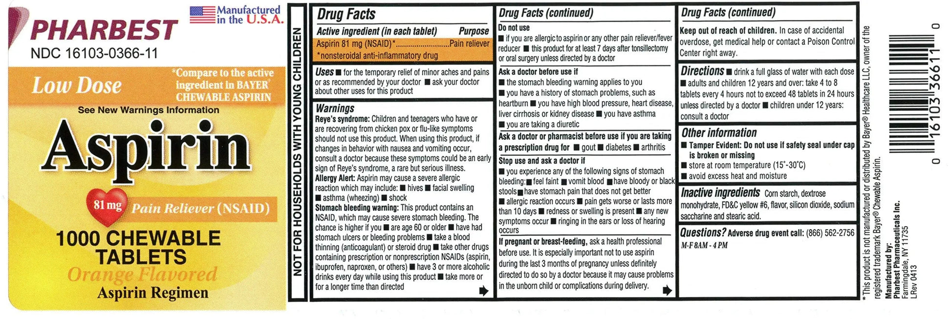 Pharbest Aspirin 81mg Chewable Orange Tablets 1000 Count Per Bottle PHARBEST uk supplements