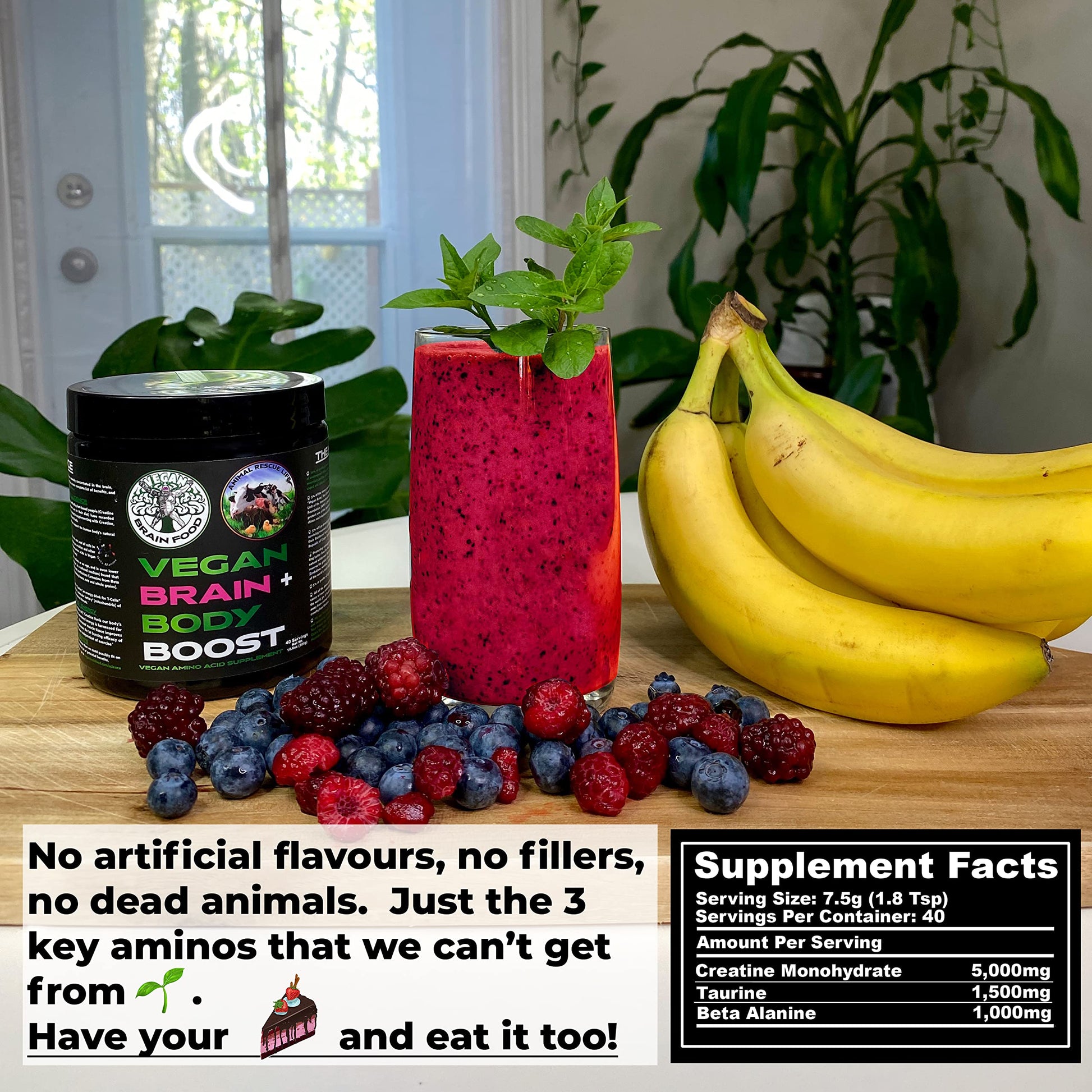 Vegan Brain & Body Boost: The Cherry On Top of A Plant-Based Lifestyle | Working Intelligence | Anti-Aging | Physical Fitness | Vegan Amino Acids - Creatine, Taurine & Beta Alanine | 40 Servings/300g Vegan Brain Food uk supplements
