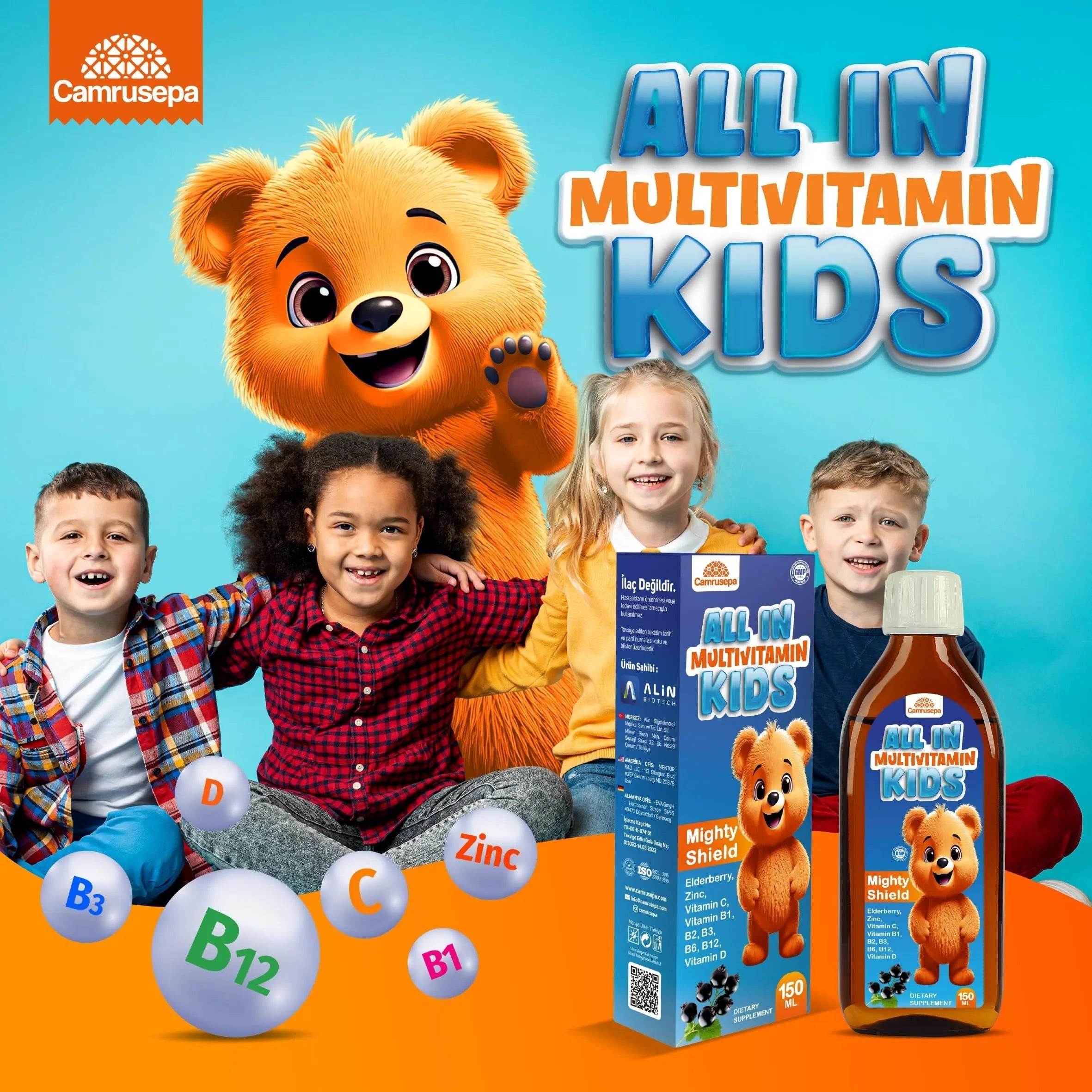 CAMRUSEPA All in Multivitamin Kids Syrup – Black Elderberry Flavored, Inositol, Zinc, Vitamin C, Daily Liquid Multivitamin Camrusepa uk supplements