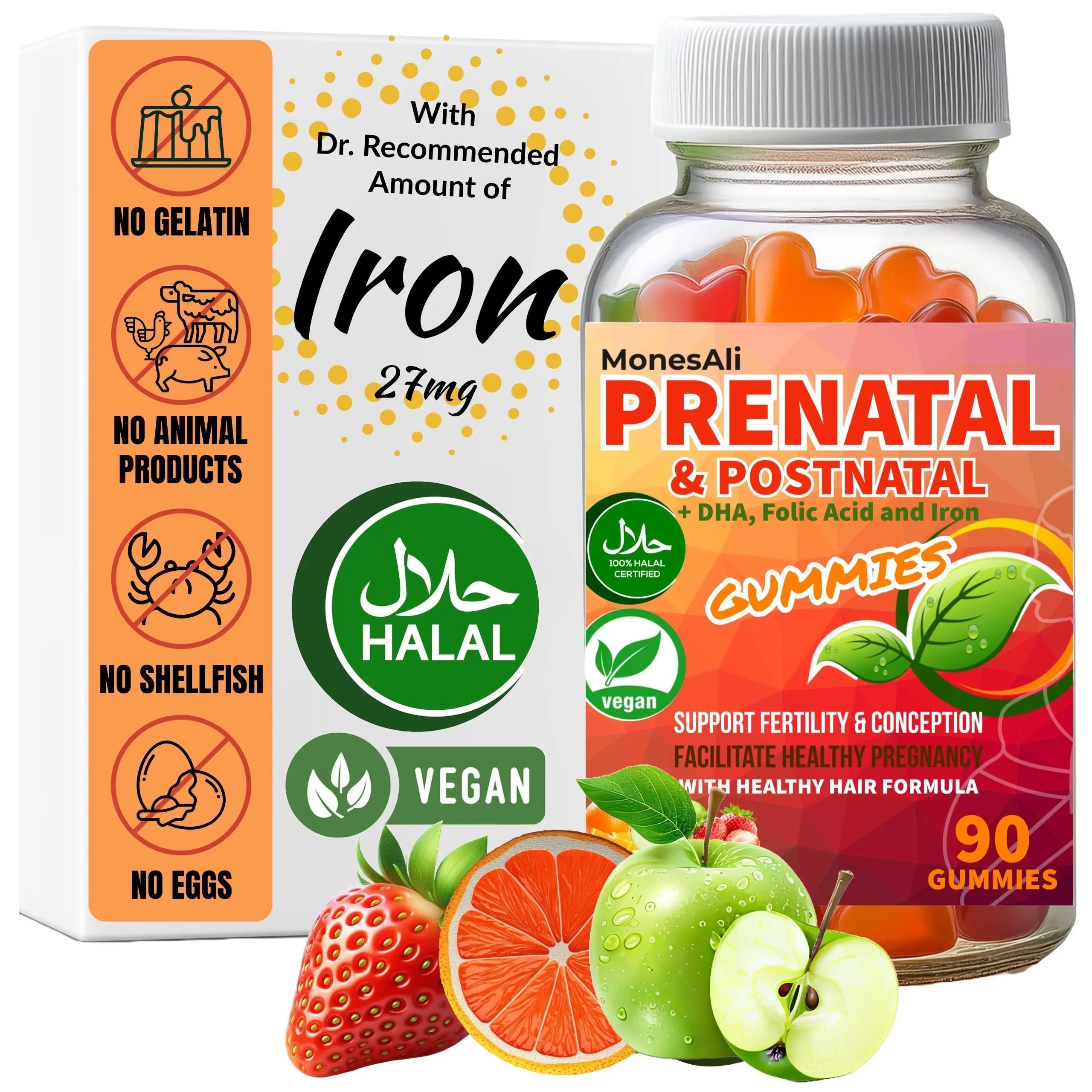 MonesAli Prenatal Gummies for Women Vitamins| & Postnatal | Vegan, Halal, Gelatin Free | with Folate, Iron & Biotin | MonesAli uk supplements