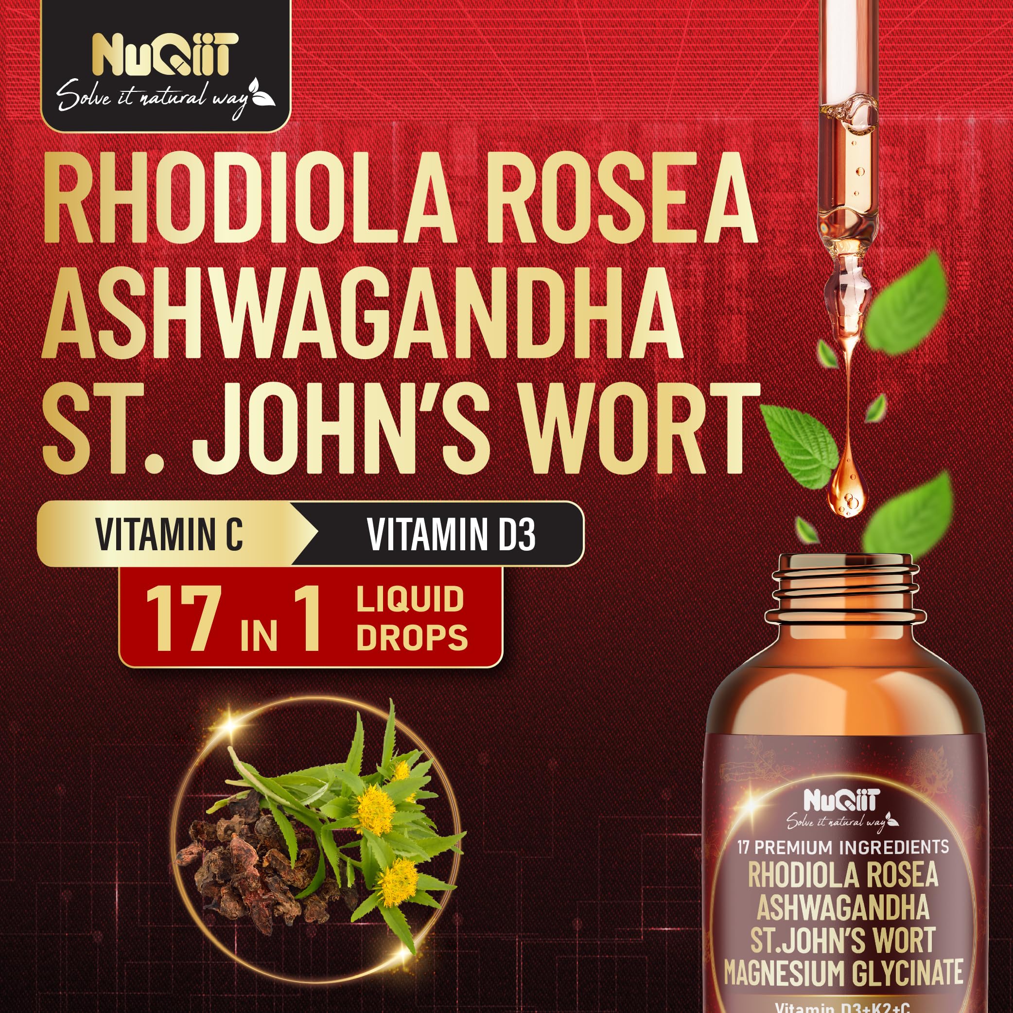NUQIIT 17in1 Rhodiola Rosea Liquid Drops Tincture w/Ashwagandha Magnesium, L-Theanine. Ultra Rhodiola Cortisol Supplement, Rhodiola Root for Mood, Energy - 1 FL Oz - 60 Day Supply NUQIIT uk supplements