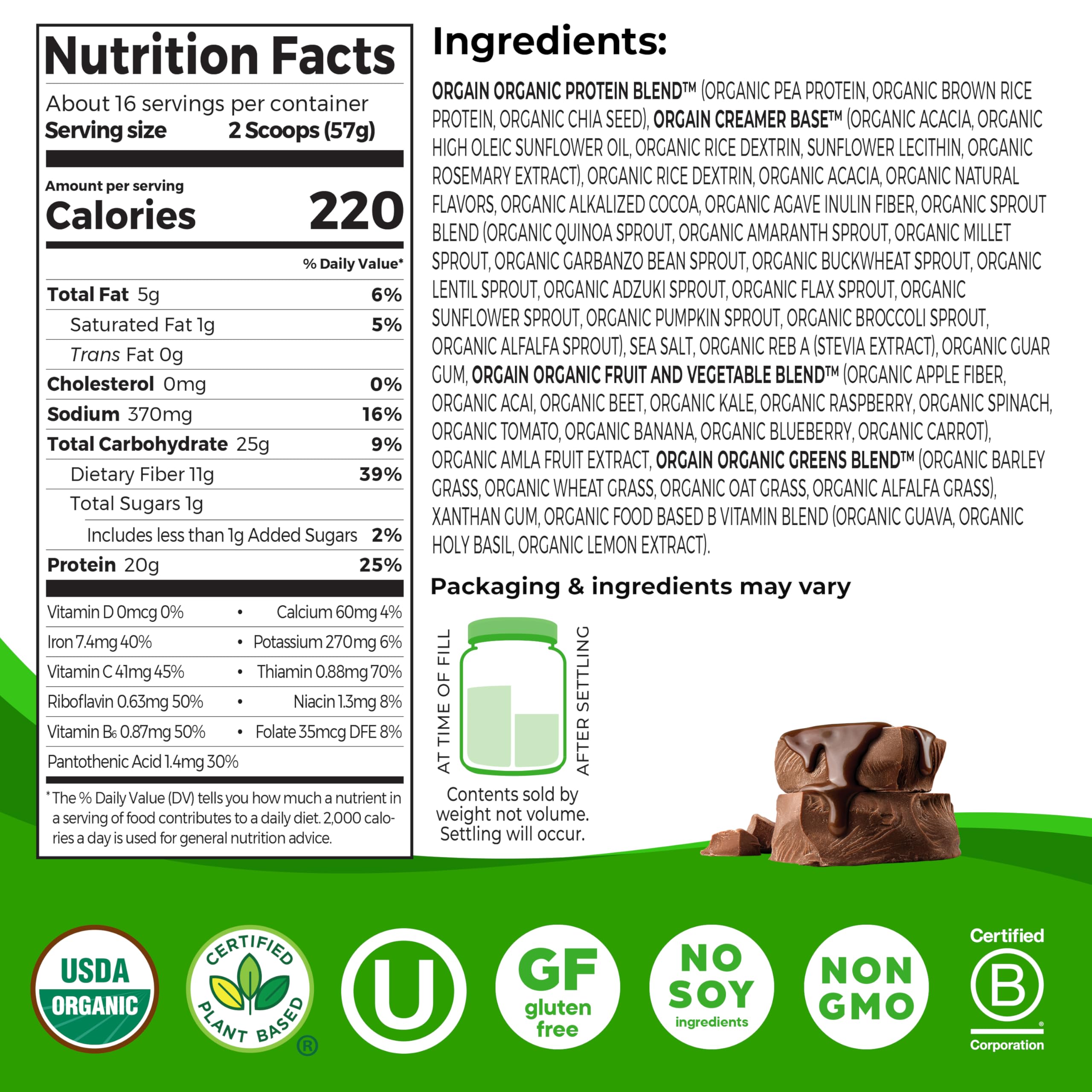 Orgain Organic Vegan Meal Replacement Protein Powder, Creamy Chocolate Fudge - 20g Plant Based Protein, Gluten Free, Dairy Free, Lactose Free, Soy Free, No Sugar Added, Orgain uk supplements